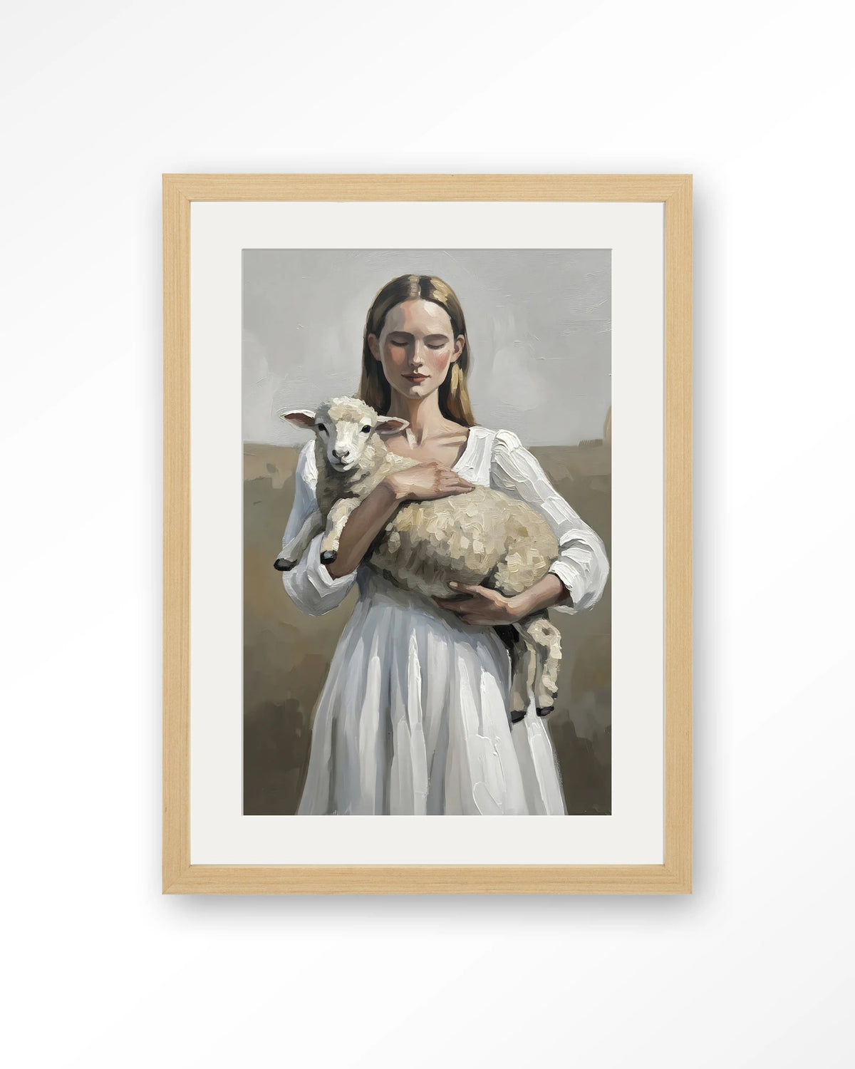 Baby Sheep – vrouw met lammetje – Art print – Hout naturel + passe-partout