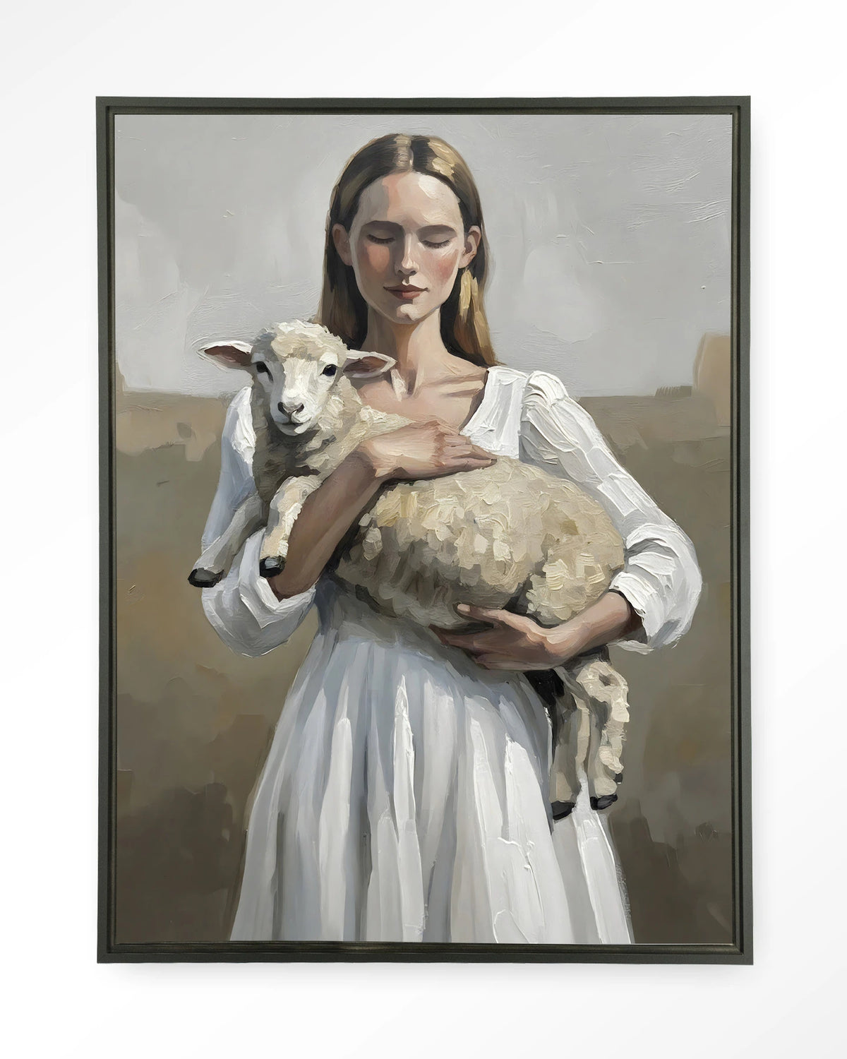 Baby Sheep – vrouw met lammetje – Wandkleed – Floating frame – zwart