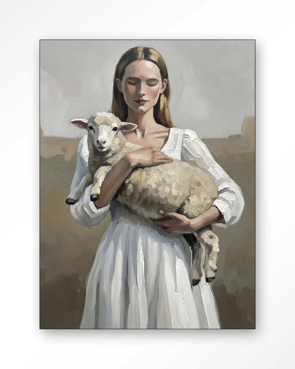Baby Sheep – vrouw met lammetje – Wandkleed – Frame – zwart