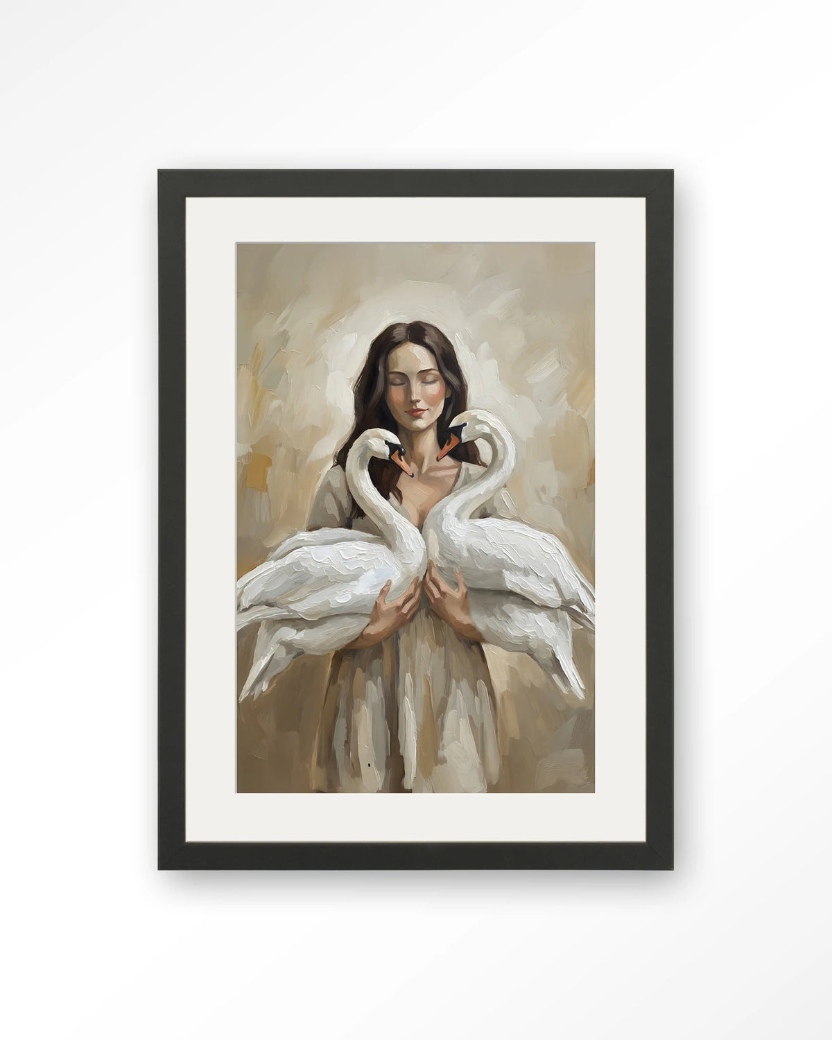 Swan Children – vrouw met zwanen – Art print – Hout zwart + passe-partout