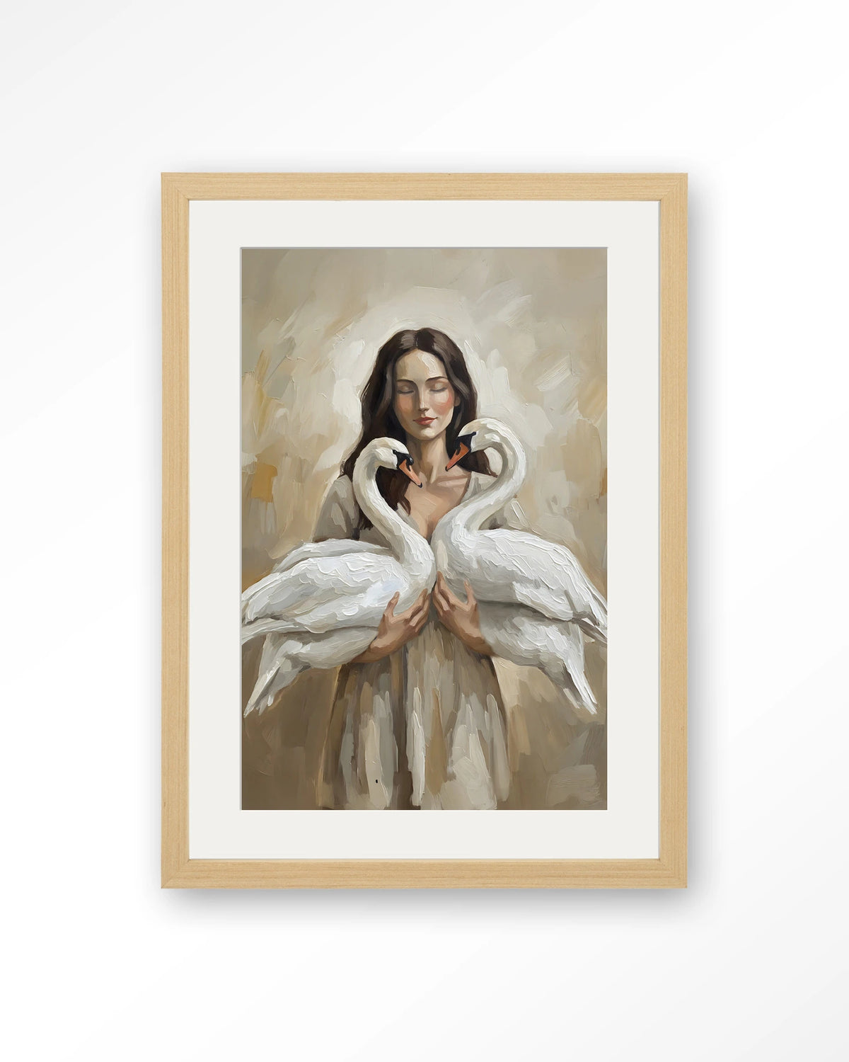 Swan Children – vrouw met zwanen – Art print – Hout naturel + passe-partout