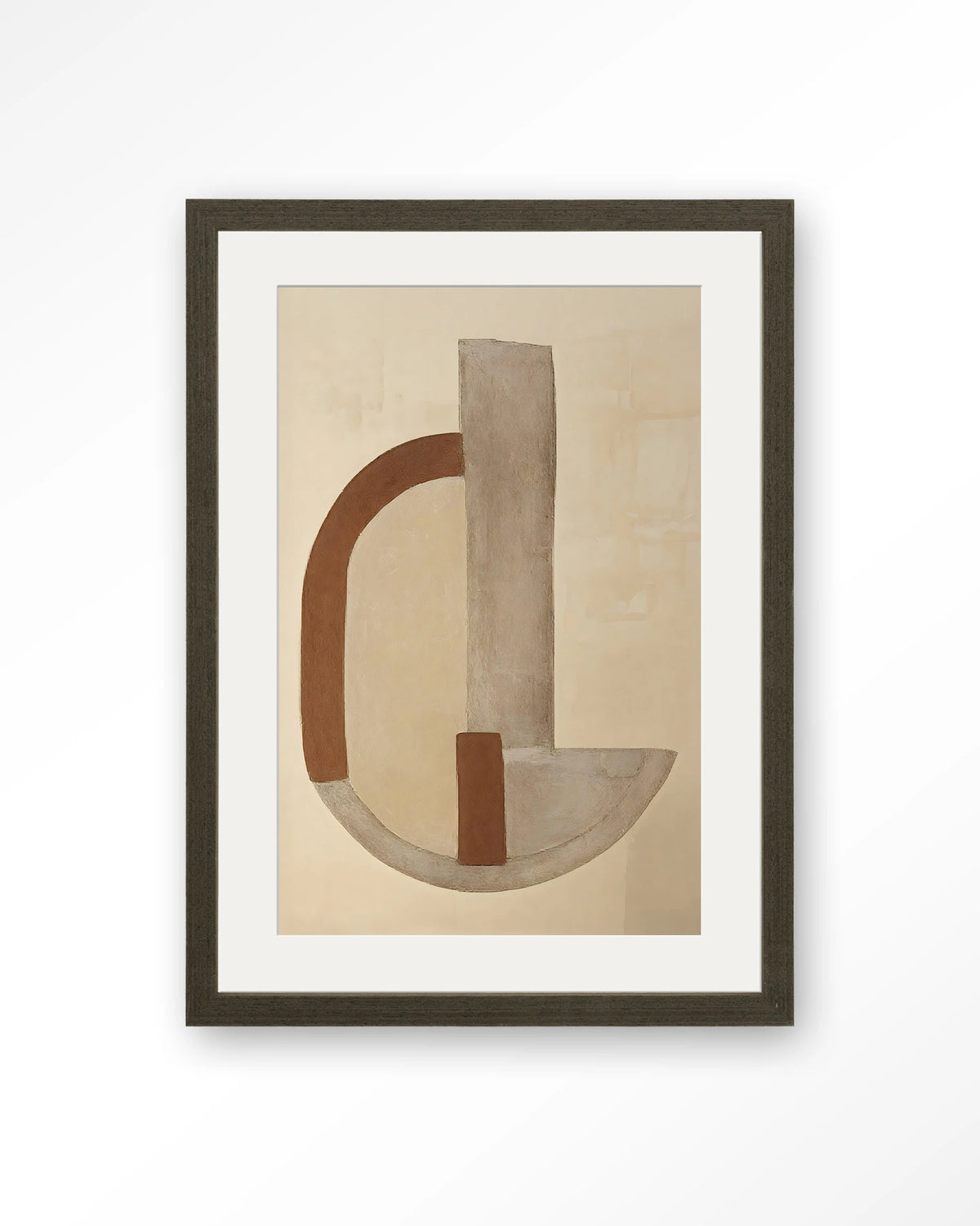 Balance Arc – abstracte boog in beige en bruin – Art print – Hout donkerbruin + passe-partout