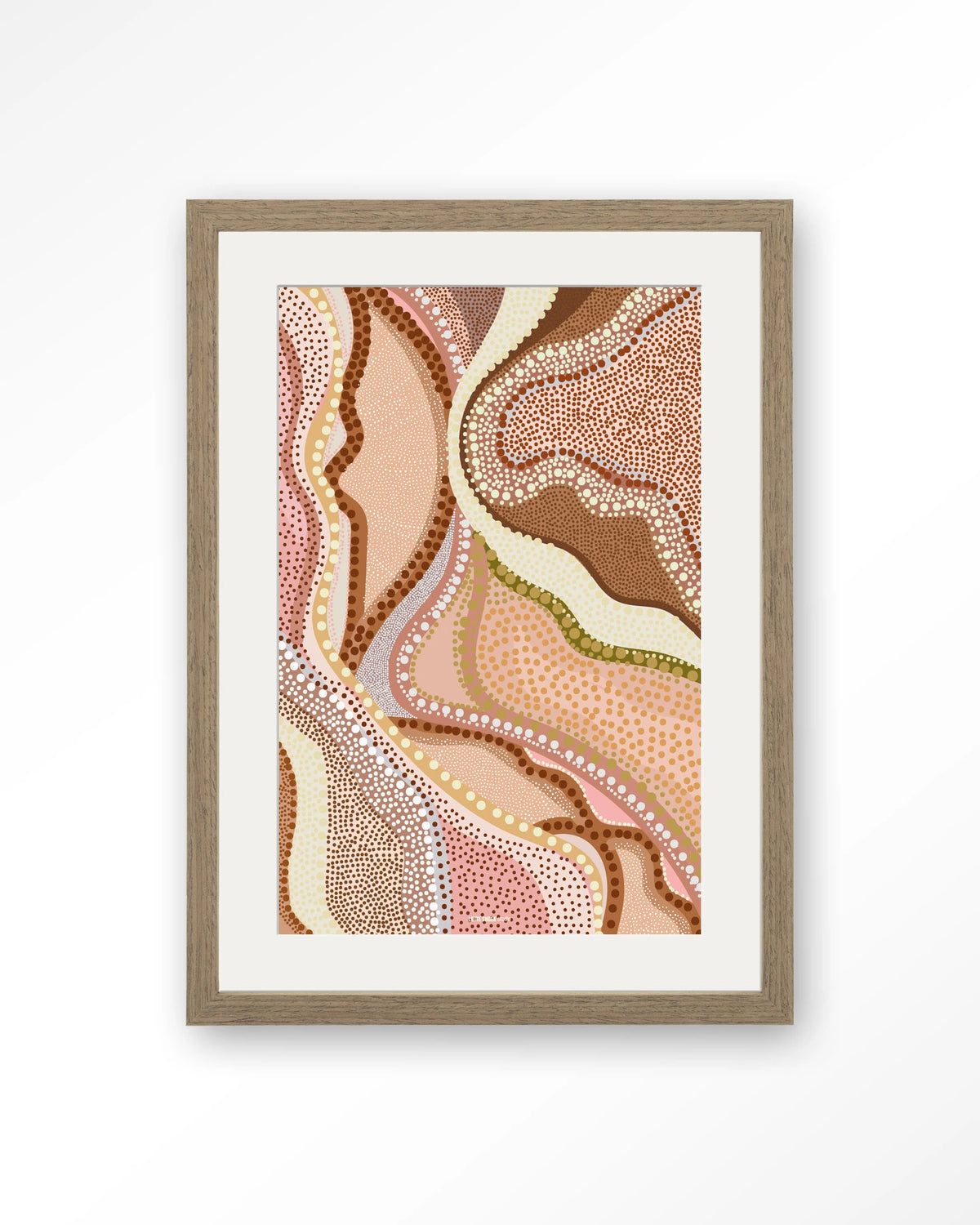 Vague – abstract met stippen in roze – Art print – Hout bruin + passe-partout