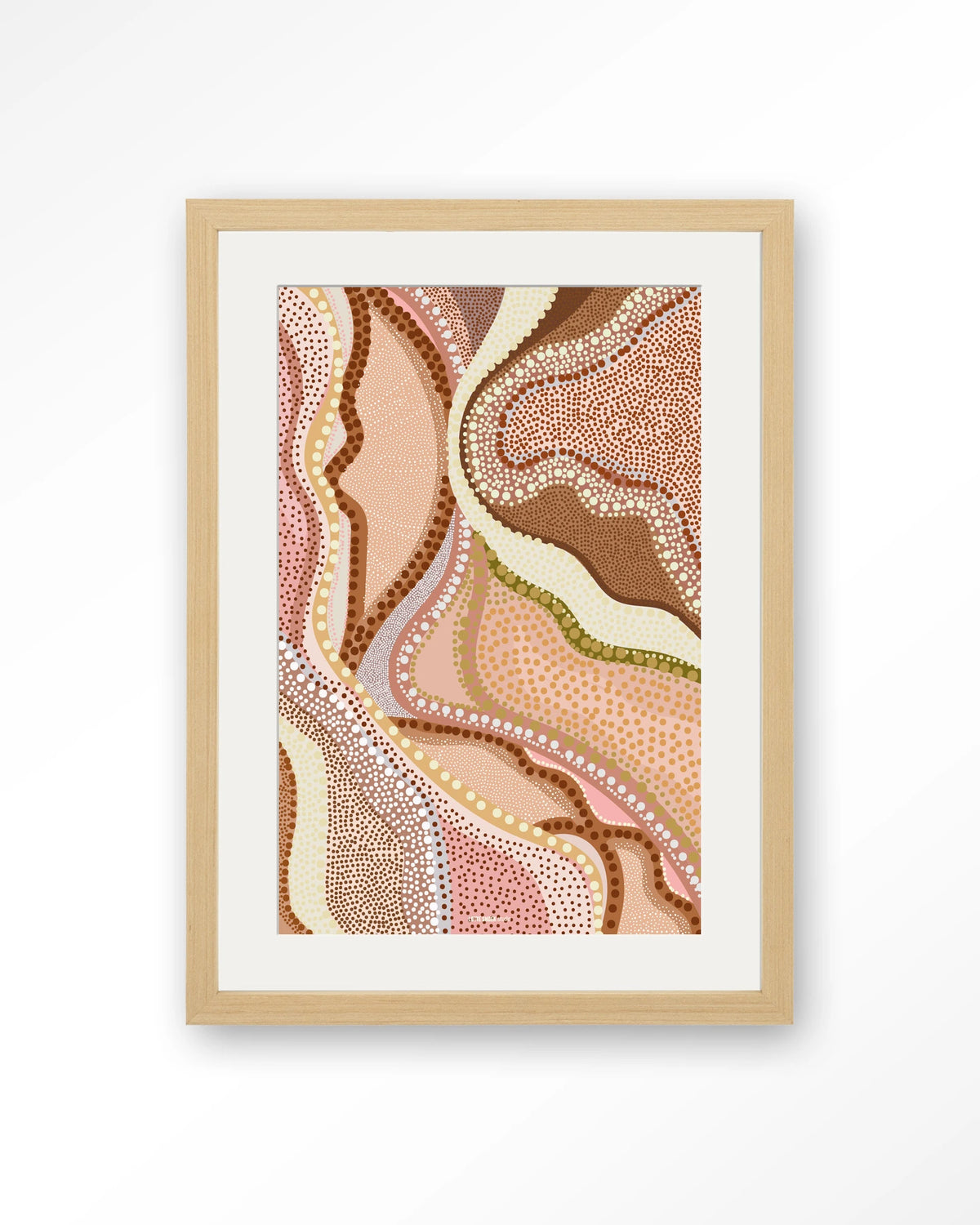 Vague – abstract met stippen in roze – Art print – Hout naturel + passe-partout