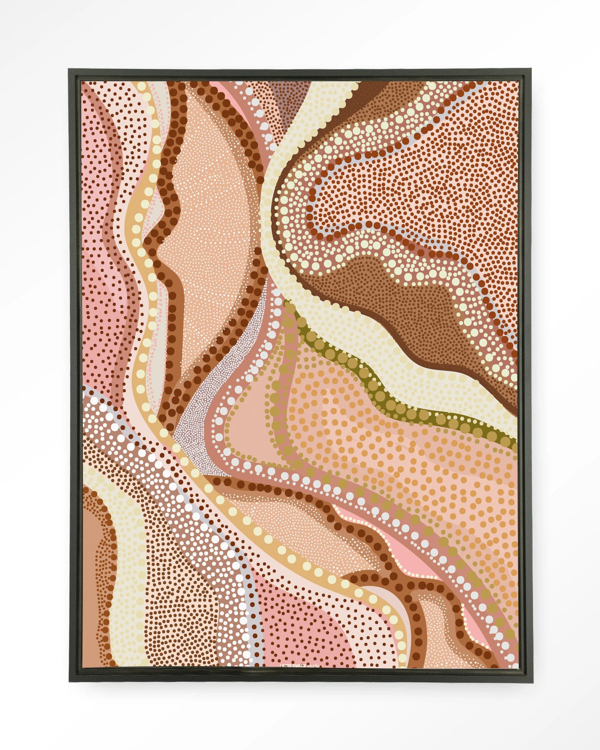 Vague – abstract met stippen in roze – Wandkleed – Floating frame – zwart