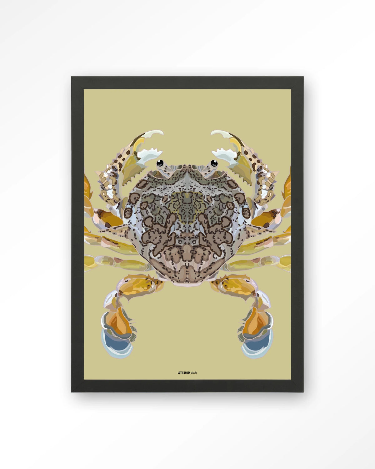 Matuta – krab op gele achtergrond – Art print – Hout zwart