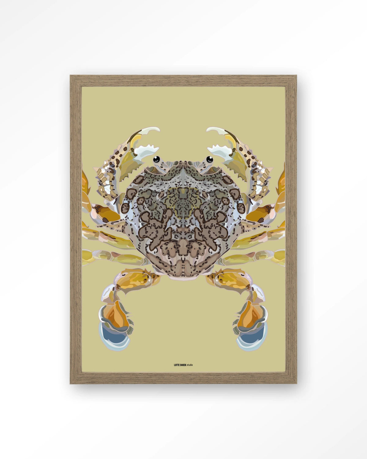 Matuta – krab op gele achtergrond – Art print – Hout bruin