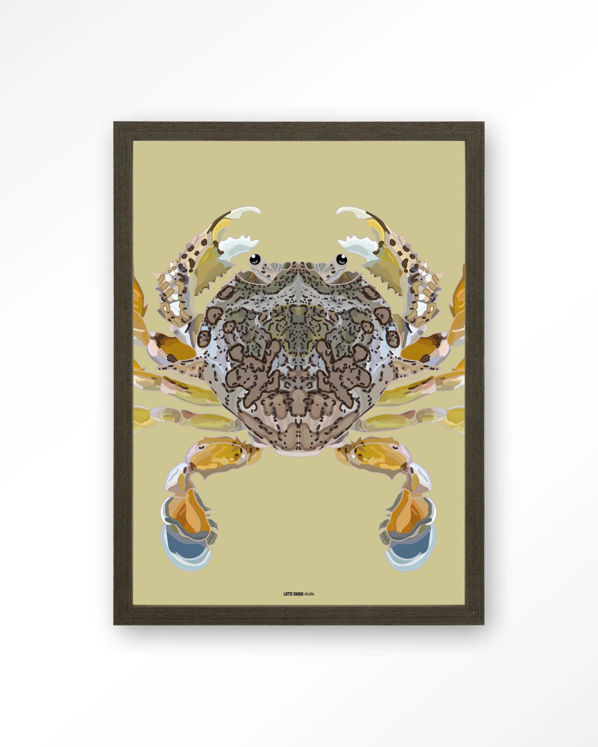 Matuta – krab op gele achtergrond – Art print – Hout donkerbruin
