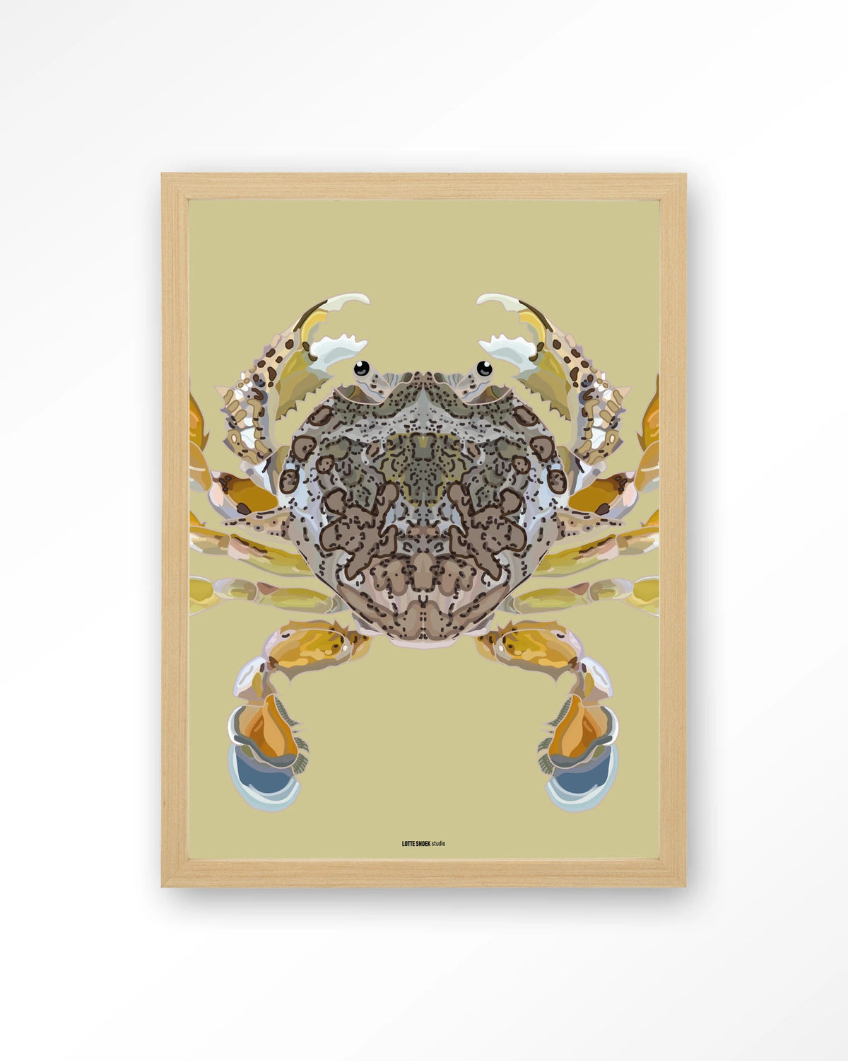Matuta – krab op gele achtergrond – Art print – Hout naturel