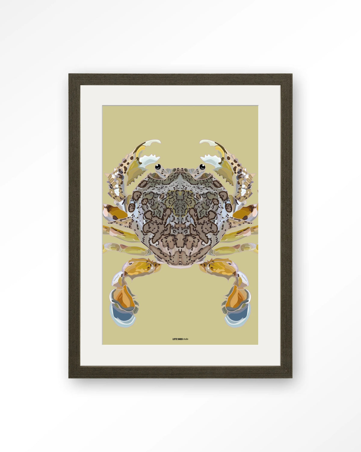 Matuta – krab op gele achtergrond – Art print – Hout donkerbruin + passe-partout