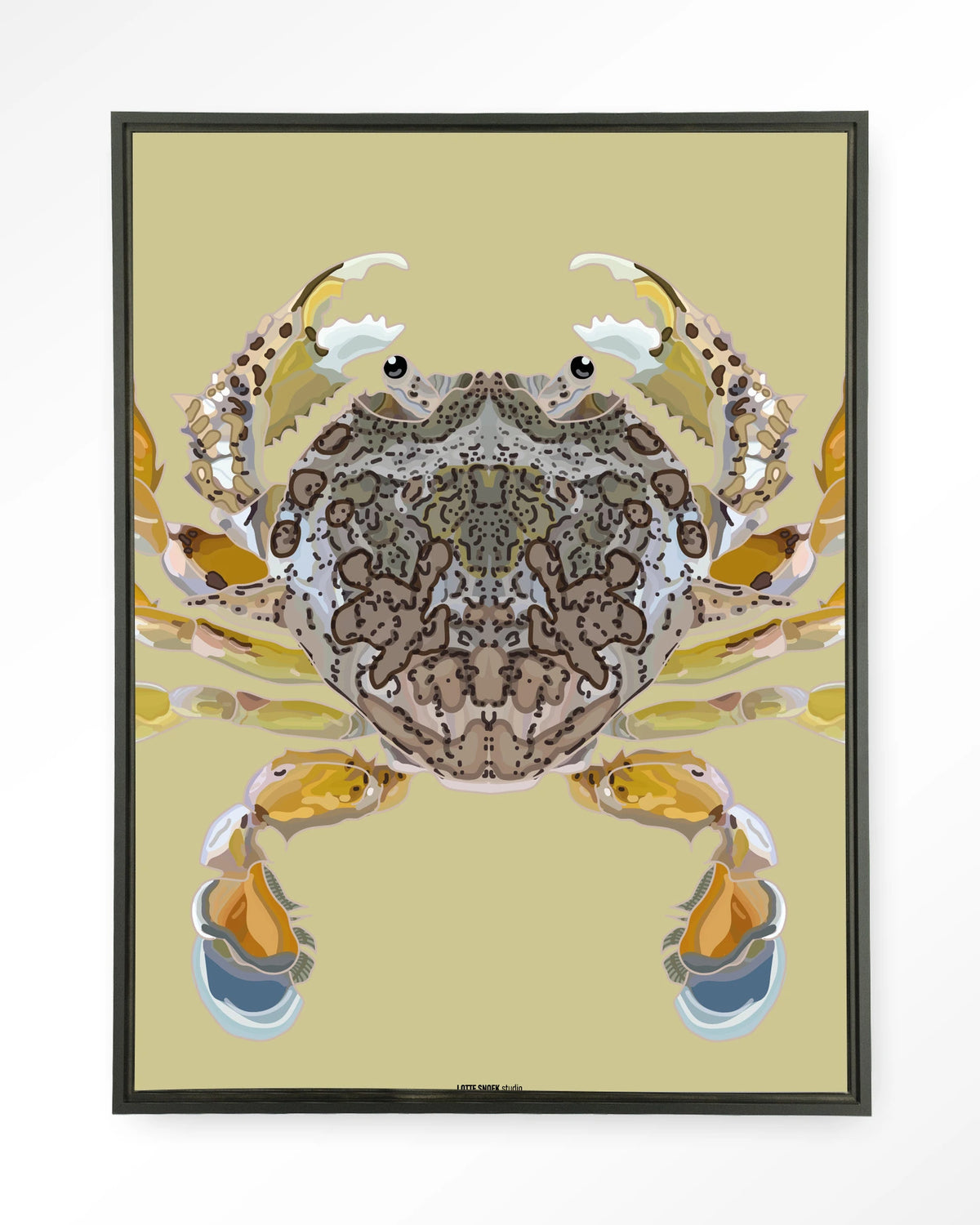 Matuta – krab op gele achtergrond – Wandkleed – Floating frame – zwart