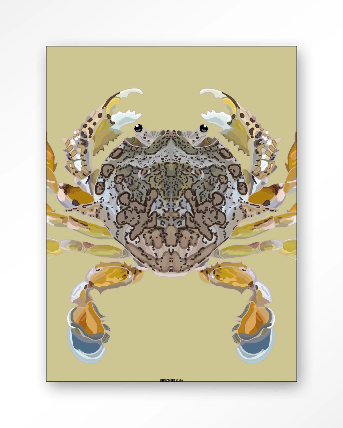 Matuta – krab op gele achtergrond – Wandkleed – Frame – zwart