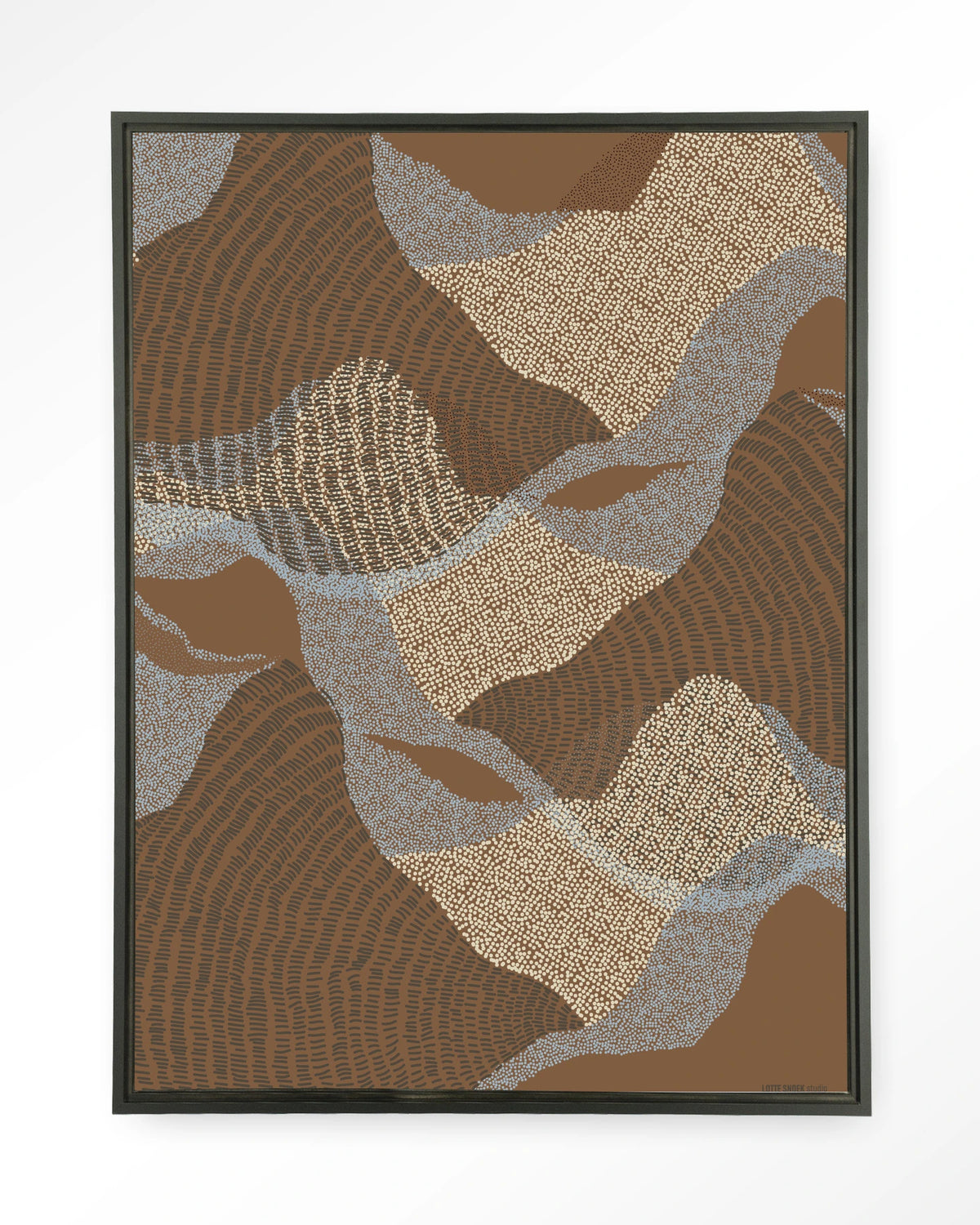 La Ondas 1 – abstract golven in bruin – Wandkleed – Floating frame – zwart