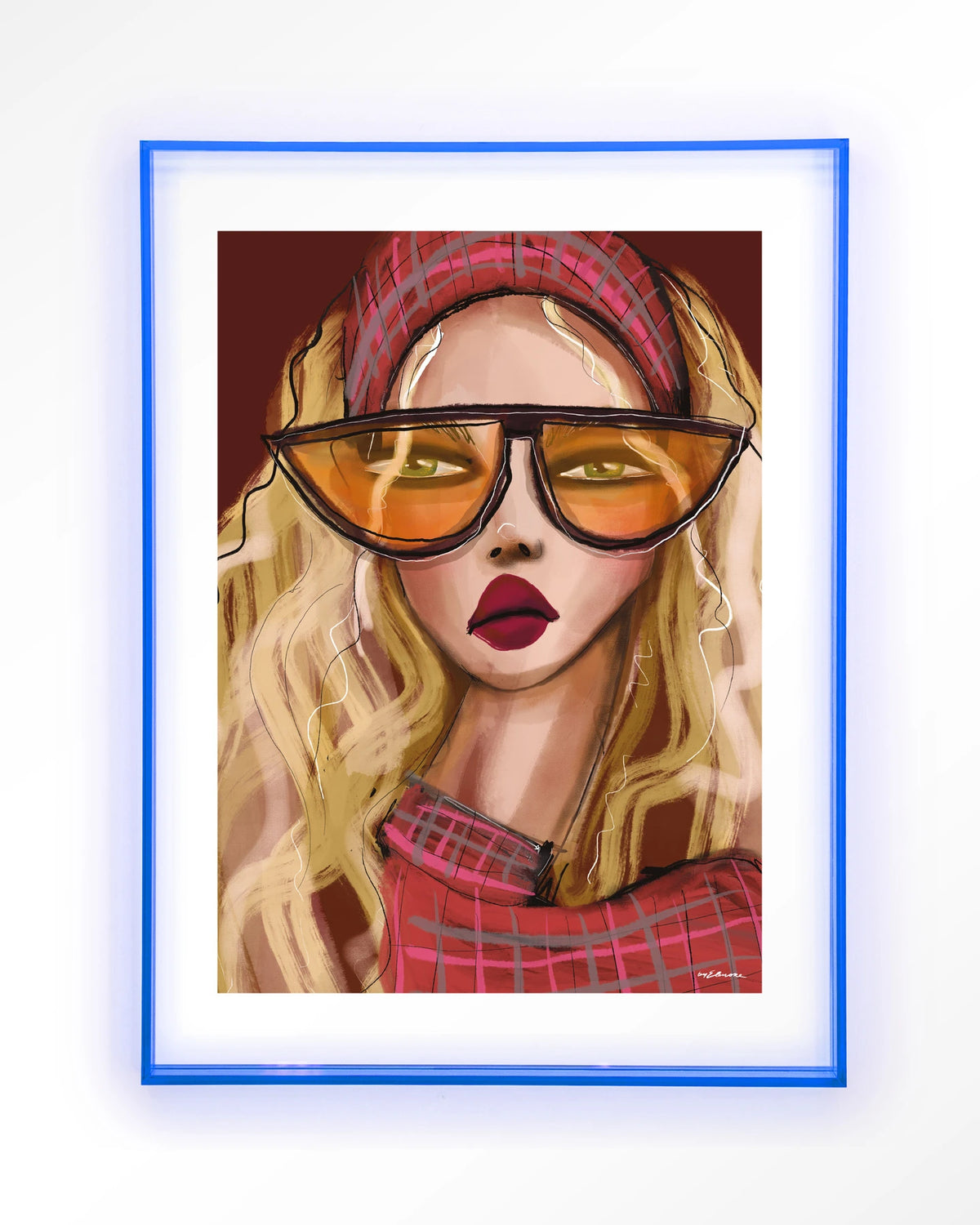 I'm a 90s girl – vrouw met oranje zonnebril – Art print – Acryl lichtblauw