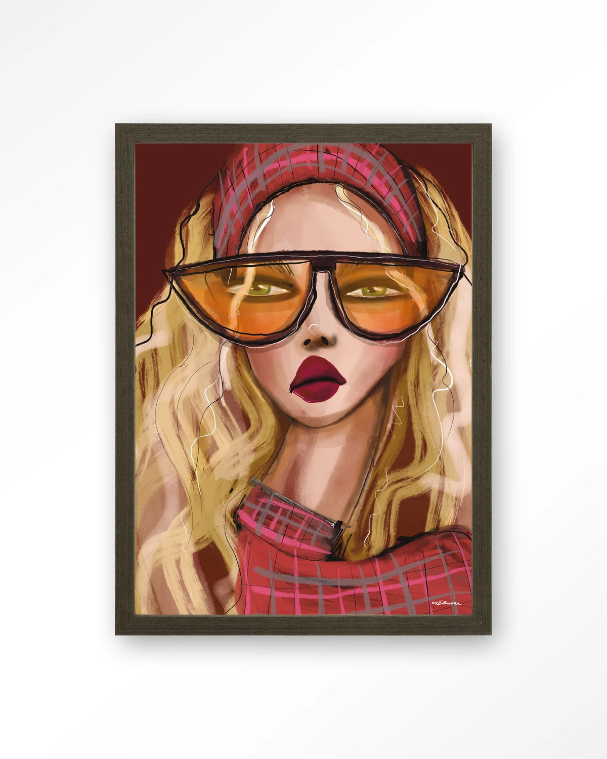 I'm a 90s girl – vrouw met oranje zonnebril – Art print – Hout donkerbruin