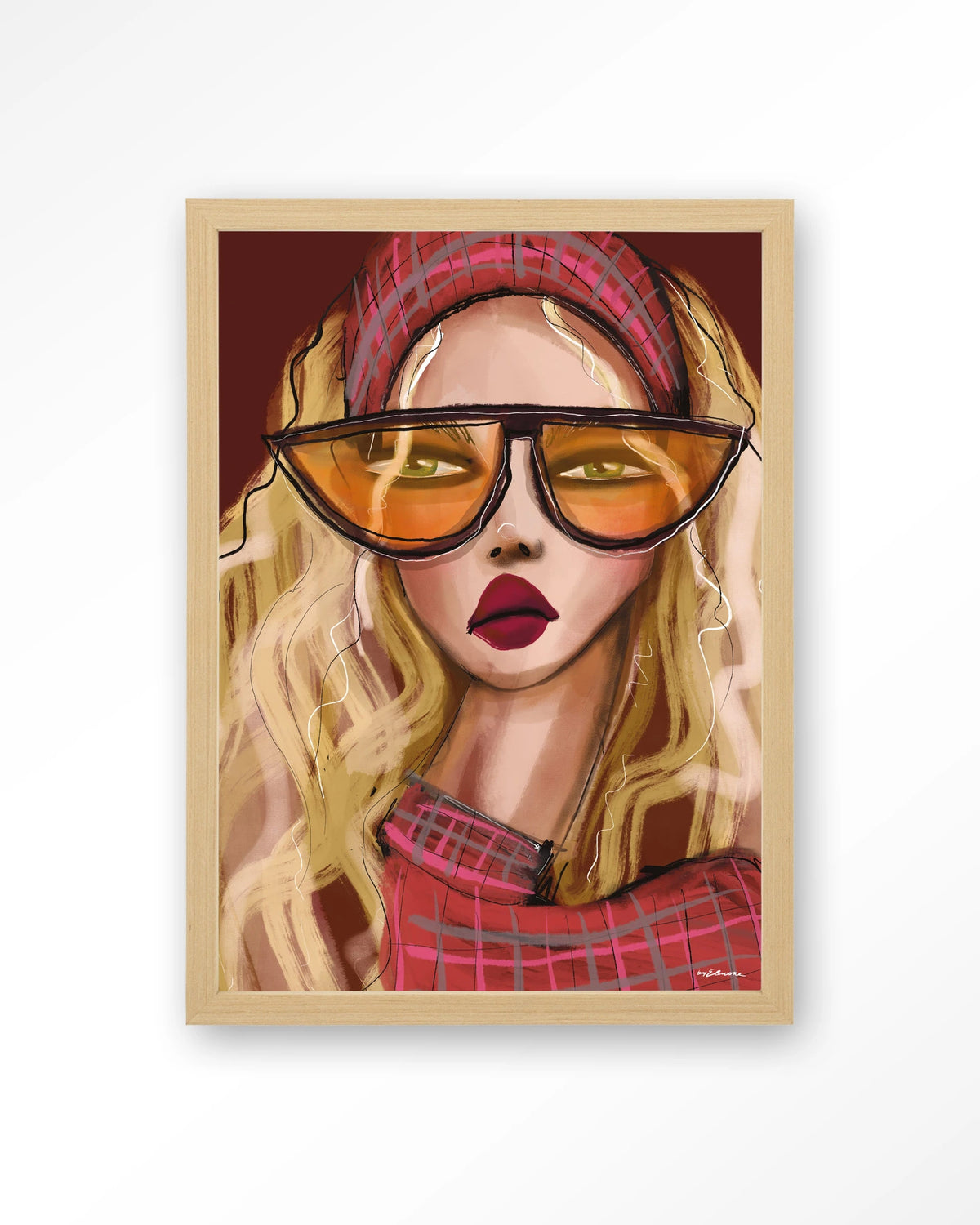 I'm a 90s girl – vrouw met oranje zonnebril – Art print – Hout naturel