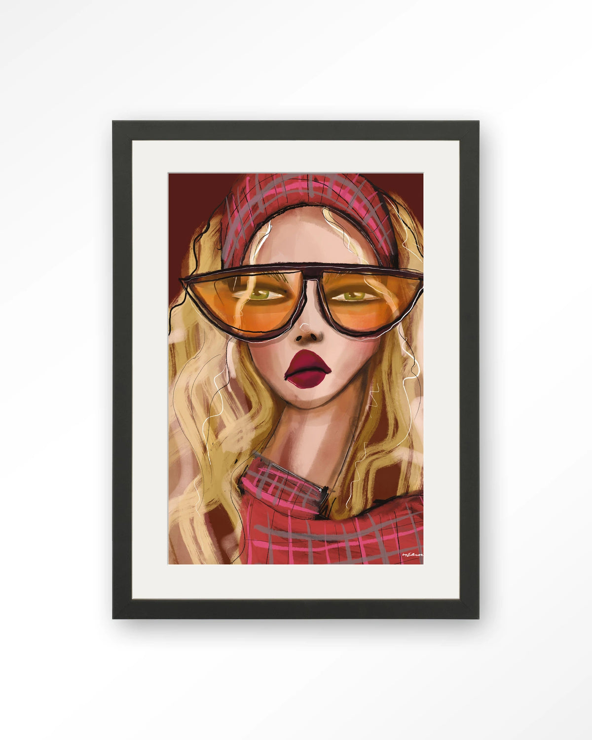 I'm a 90s girl – vrouw met oranje zonnebril – Art print – Hout zwart + passe-partout