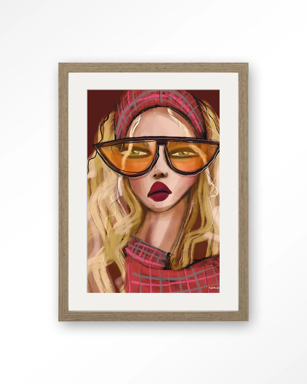 I'm a 90s girl – vrouw met oranje zonnebril – Art print – Hout bruin + passe-partout