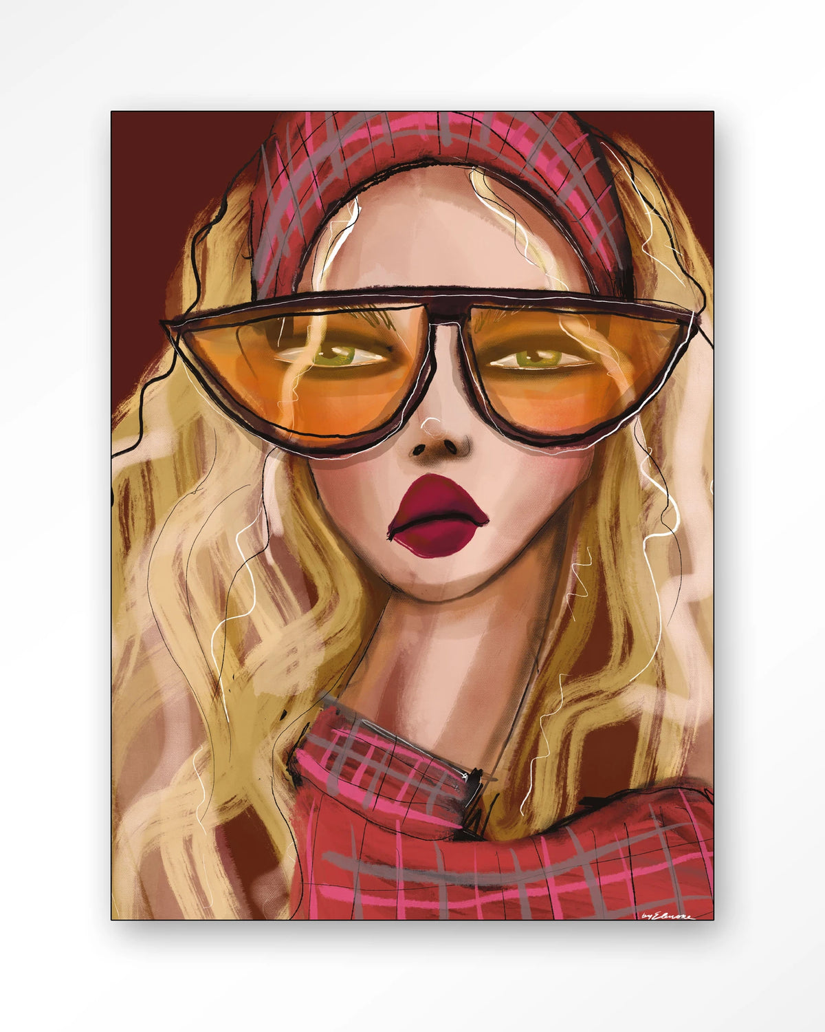 I'm a 90s girl – vrouw met oranje zonnebril – Wandkleed – Frame – zwart