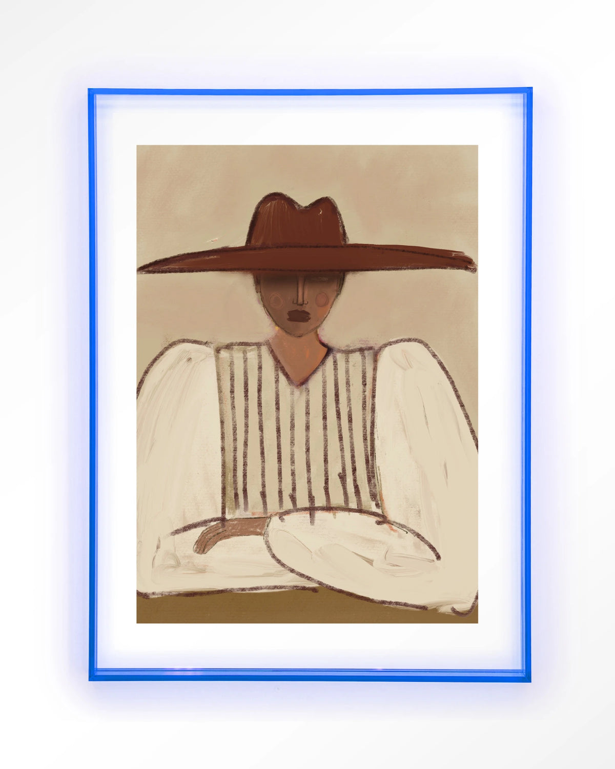 Sunhat – vrouw met grote rode hoed – Art print – Acryl lichtblauw
