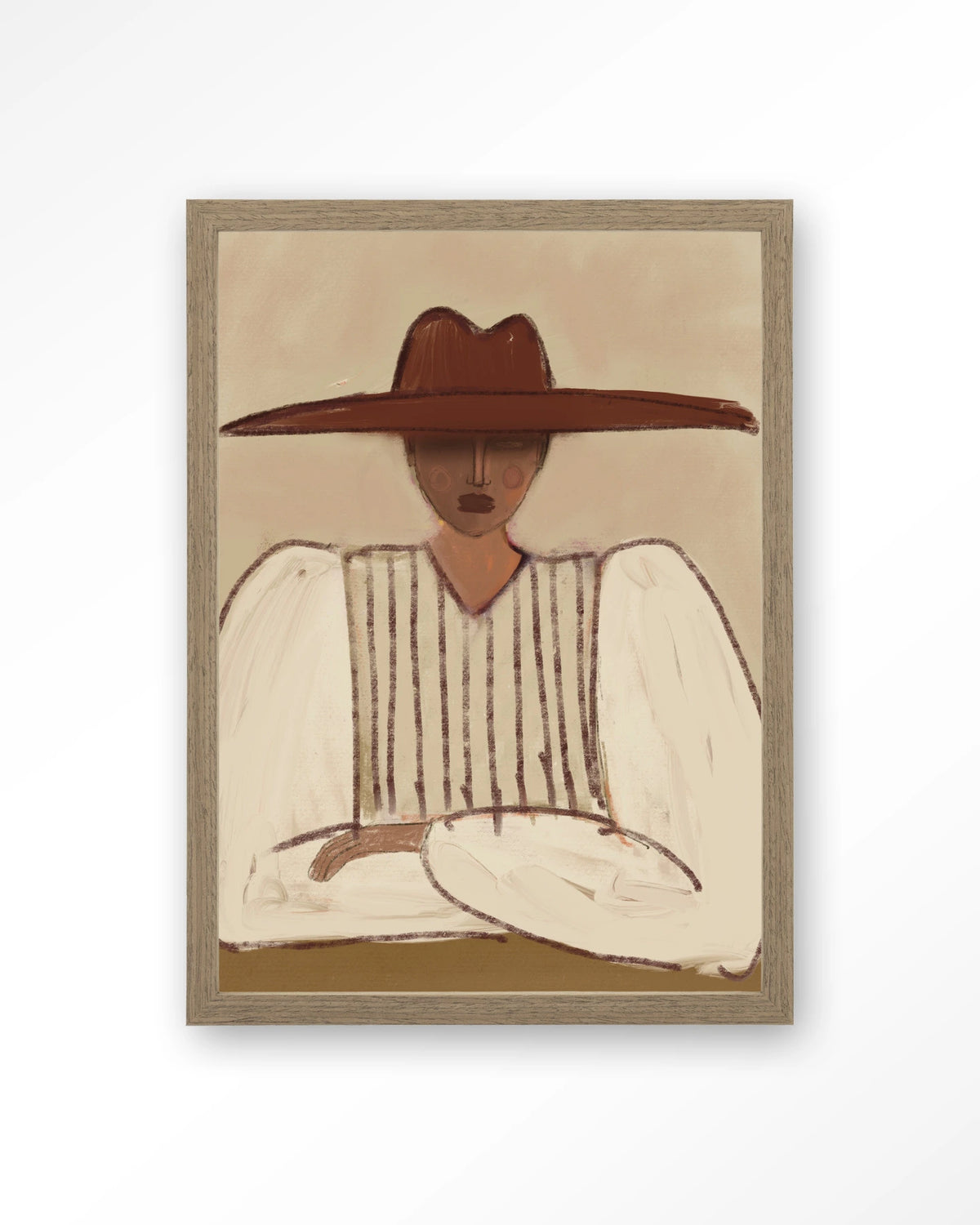 Sunhat – vrouw met grote rode hoed – Art print – Hout bruin