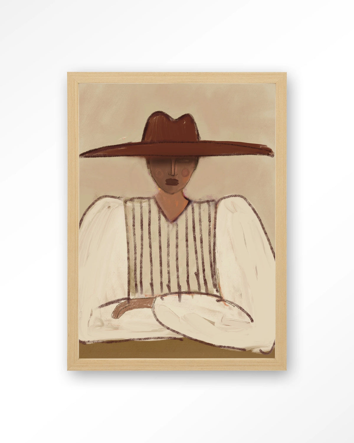 Sunhat – vrouw met grote rode hoed – Art print – Hout naturel