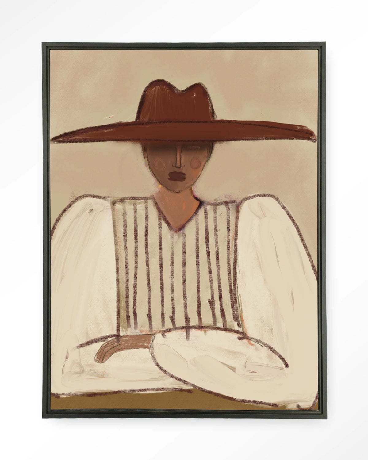 Sunhat – vrouw met grote rode hoed – Wandkleed – Floating frame – zwart
