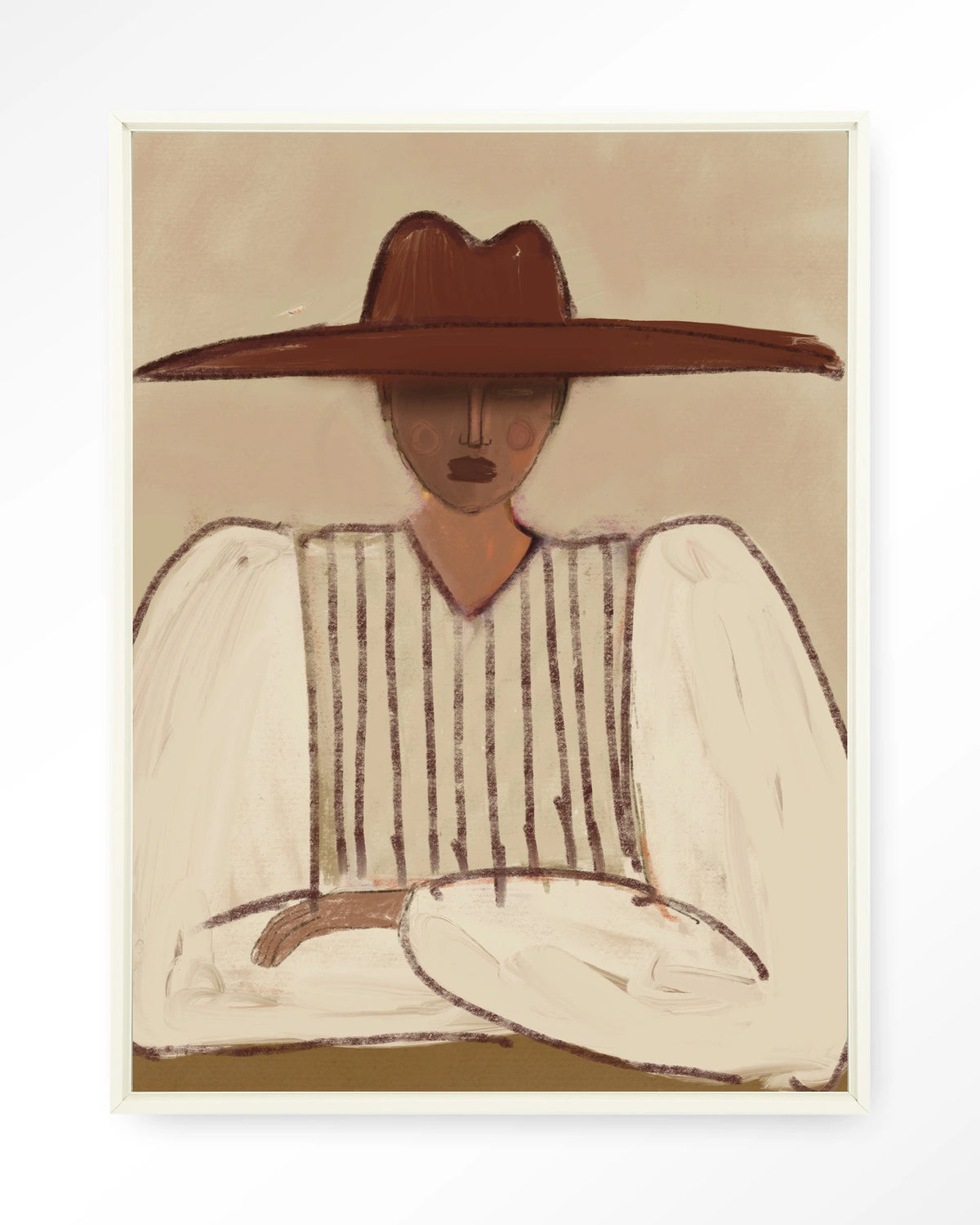 Sunhat – vrouw met grote rode hoed – Wandkleed – Floating frame – wit