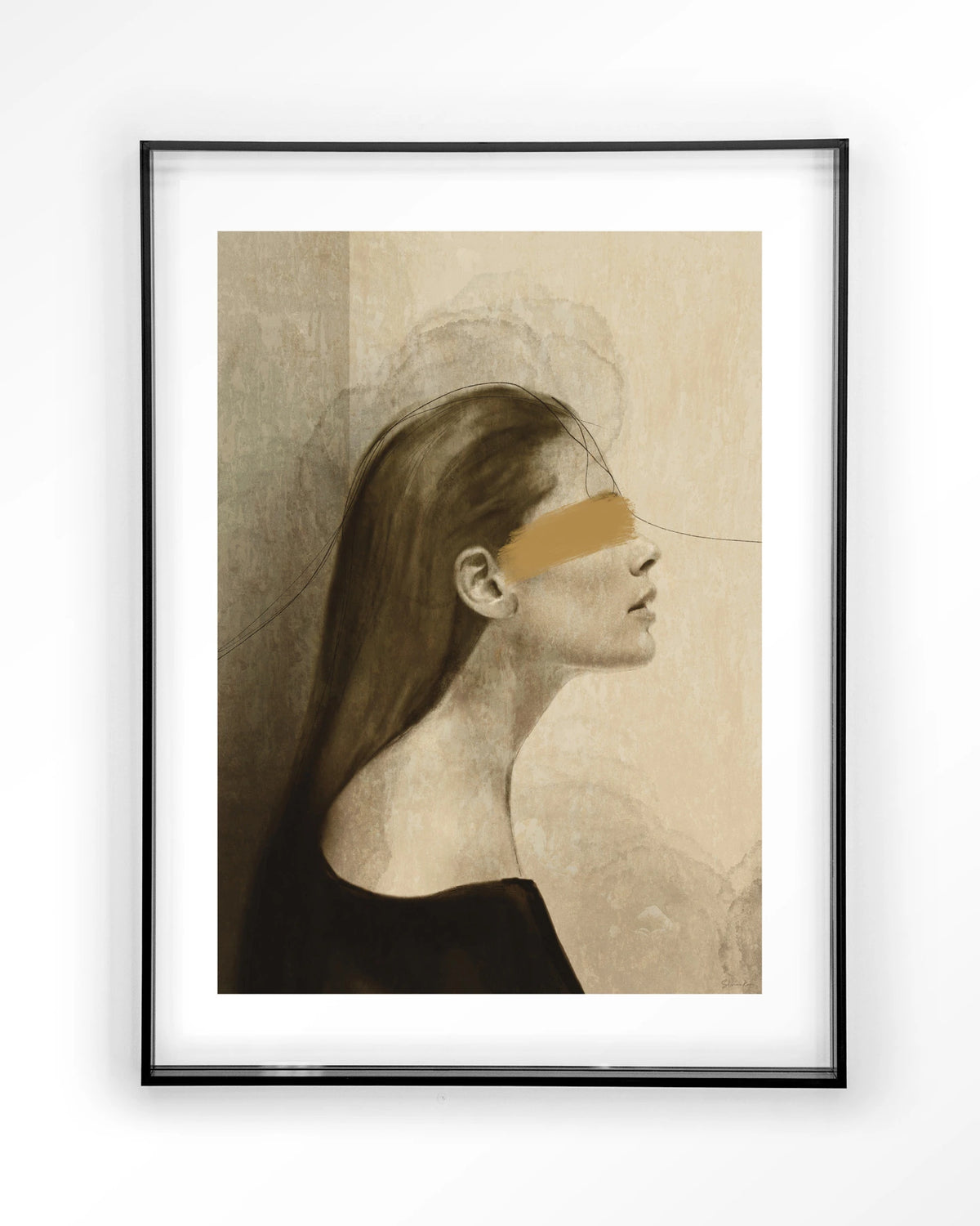 In Her Mind – vrouw in profiel met gouden streep – Art print – Acryl zwart