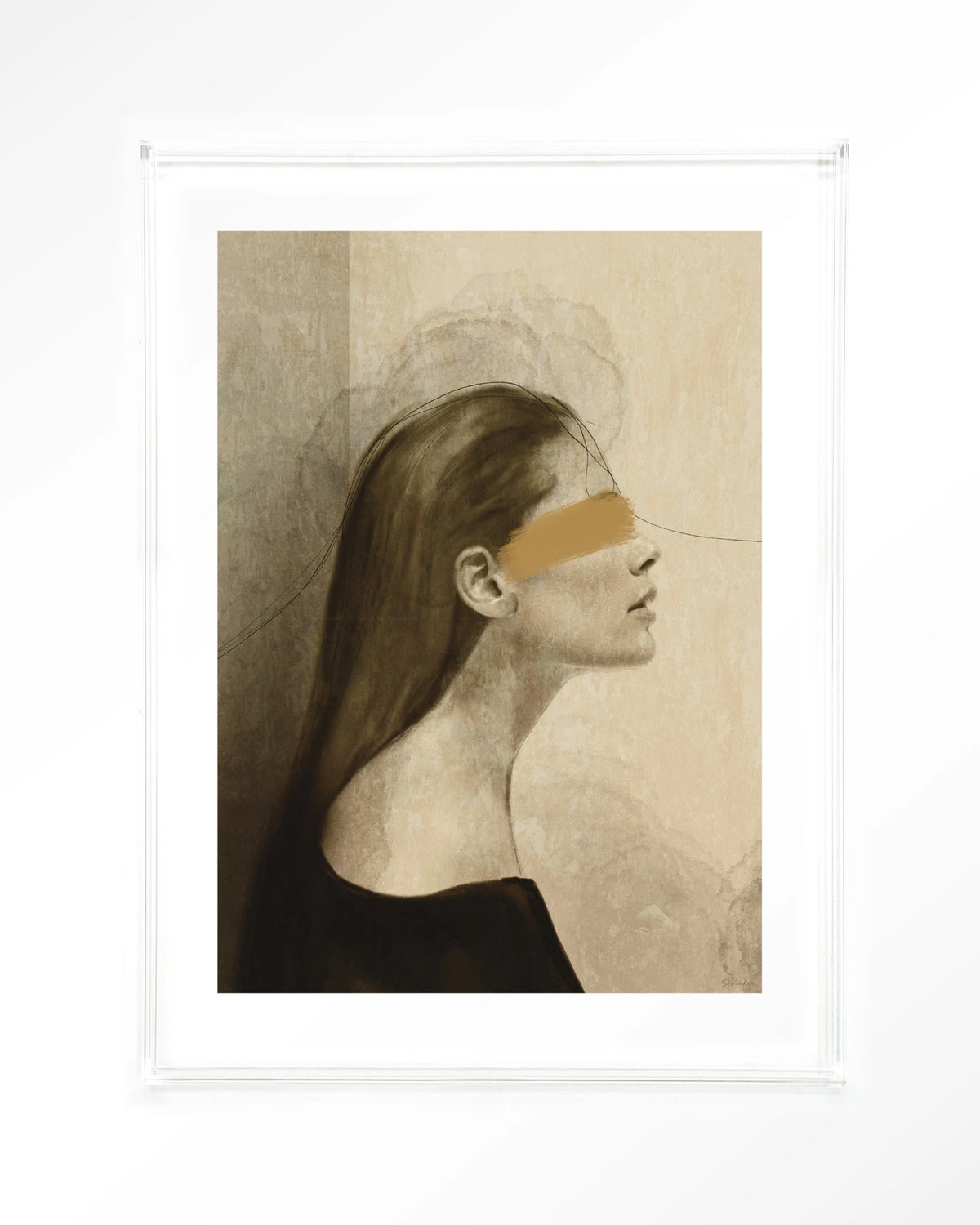 In Her Mind – vrouw in profiel met gouden streep – Art print – Acryl doorzichtig