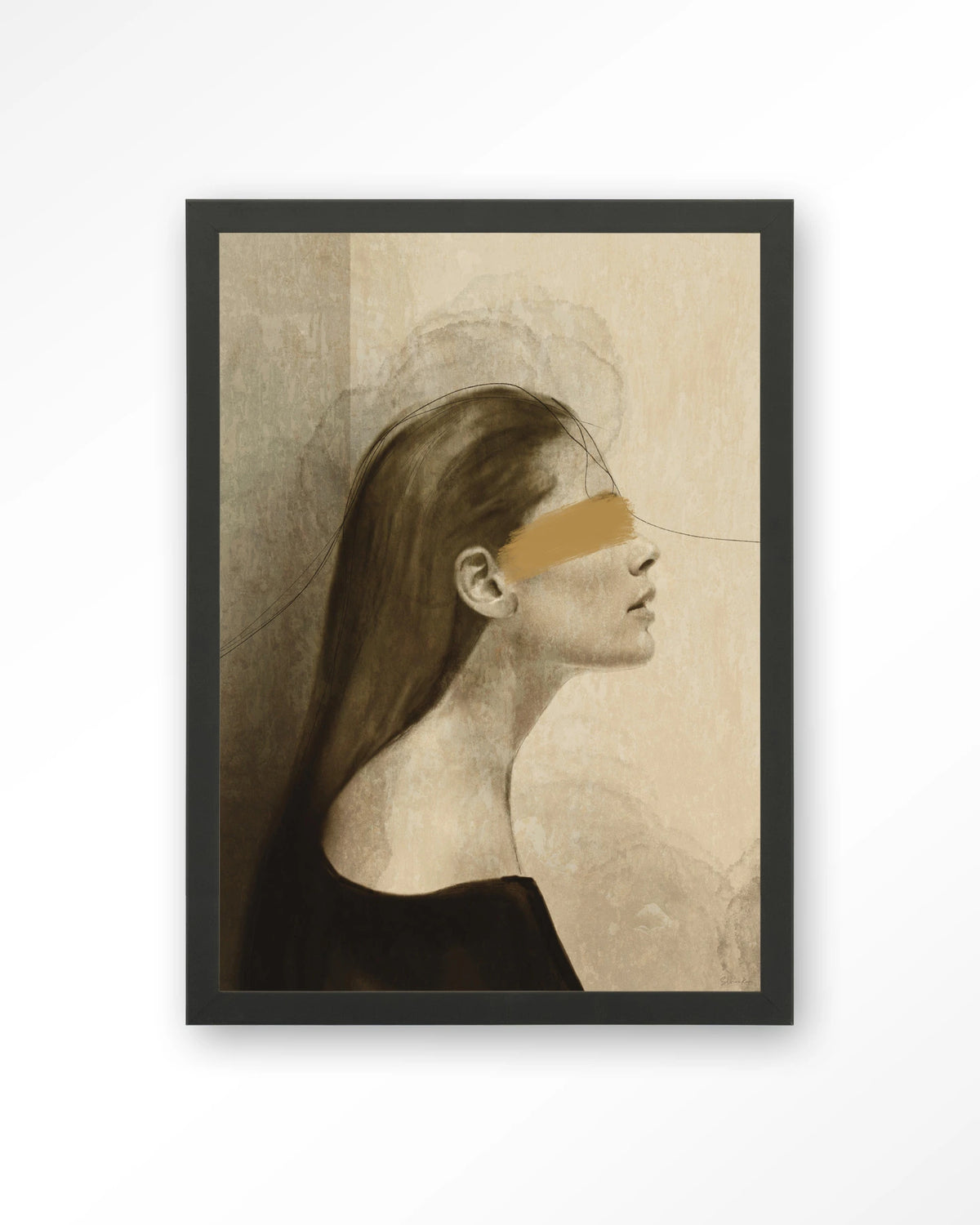 In Her Mind – vrouw in profiel met gouden streep – Art print – Hout zwart