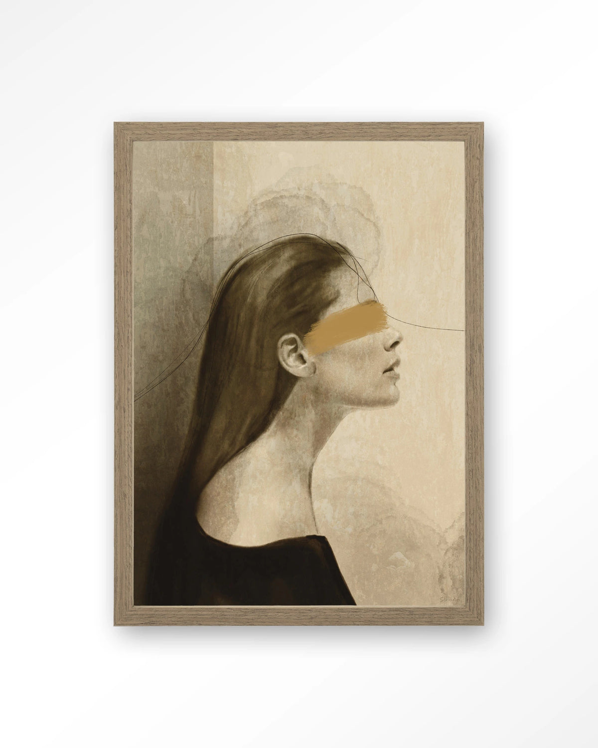 In Her Mind – vrouw in profiel met gouden streep – Art print – Hout bruin