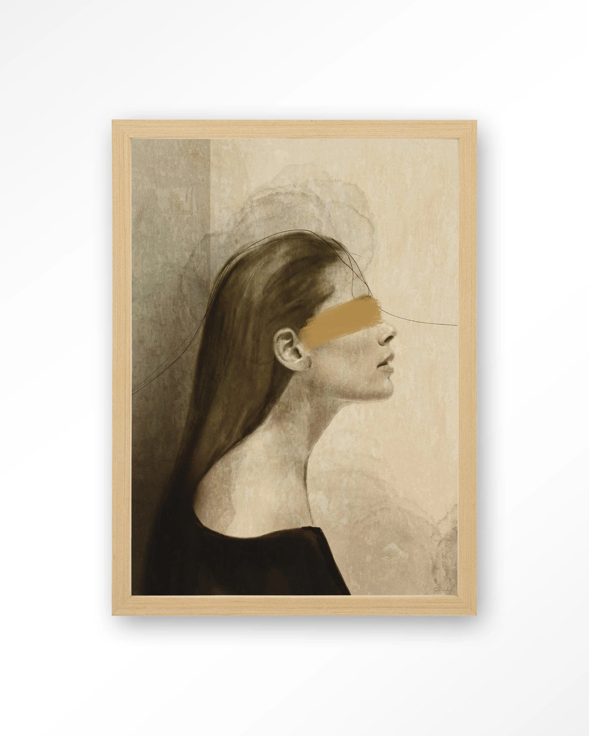 In Her Mind – vrouw in profiel met gouden streep – Art print – Hout naturel
