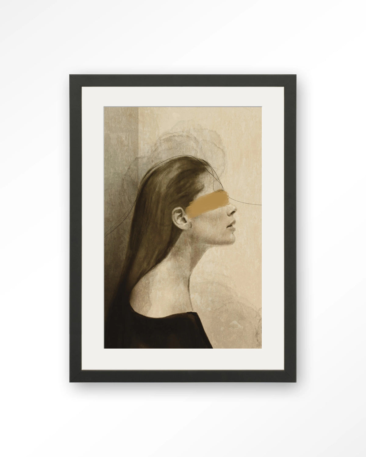 In Her Mind – vrouw in profiel met gouden streep – Art print – Hout zwart + passe-partout