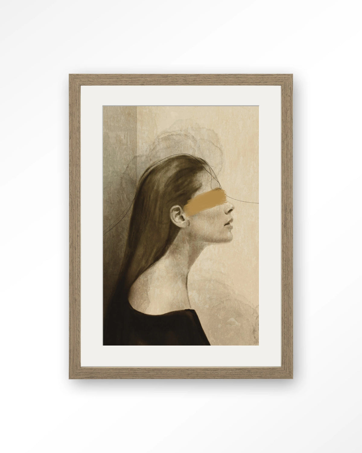In Her Mind – vrouw in profiel met gouden streep – Art print – Hout bruin + passe-partout