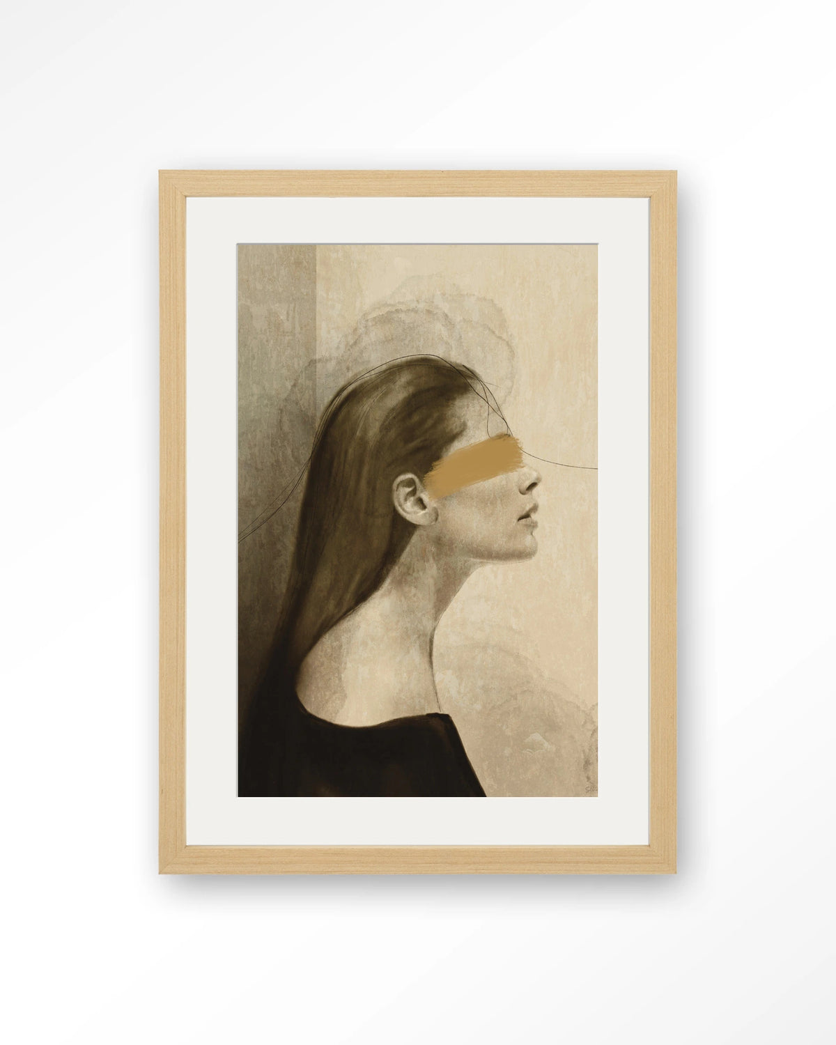 In Her Mind – vrouw in profiel met gouden streep – Art print – Hout naturel + passe-partout