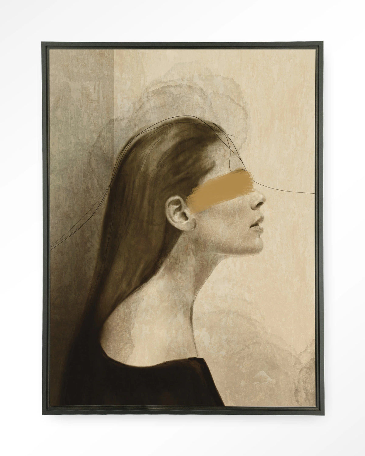 In Her Mind – vrouw in profiel met gouden streep – Wandkleed – Floating frame – zwart