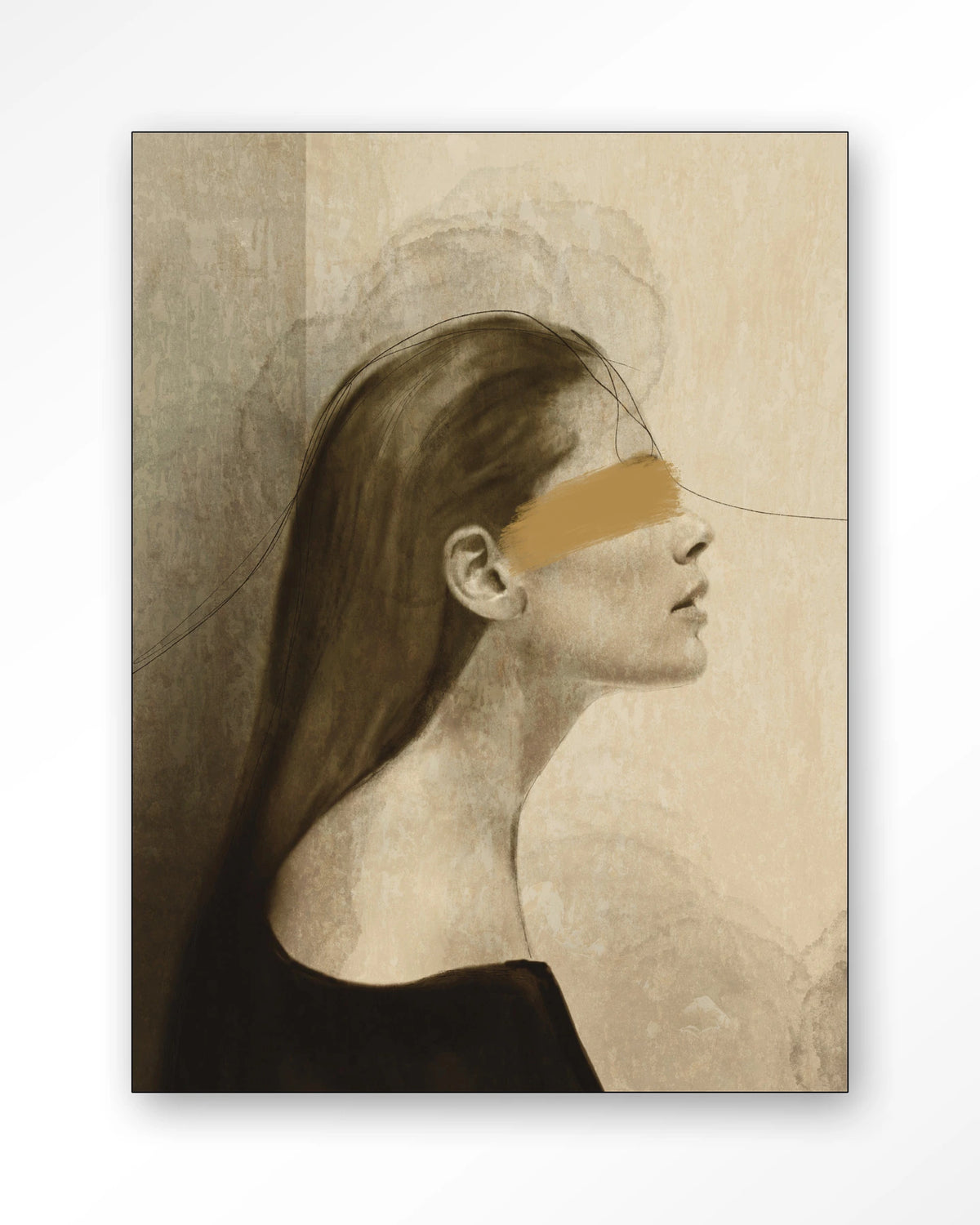In Her Mind – vrouw in profiel met gouden streep – Wandkleed – Frame – zwart