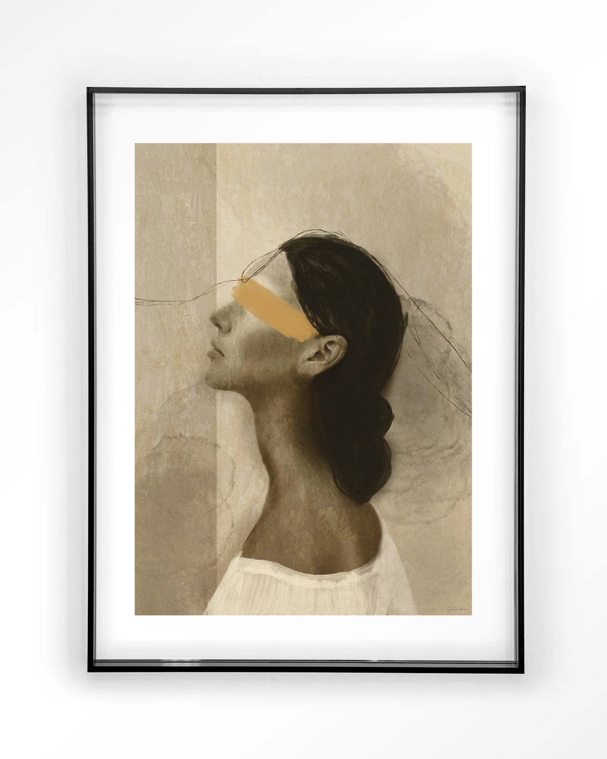 She Thinks Of You – profiel van vrouw met gele streep – Art print – Acryl zwart