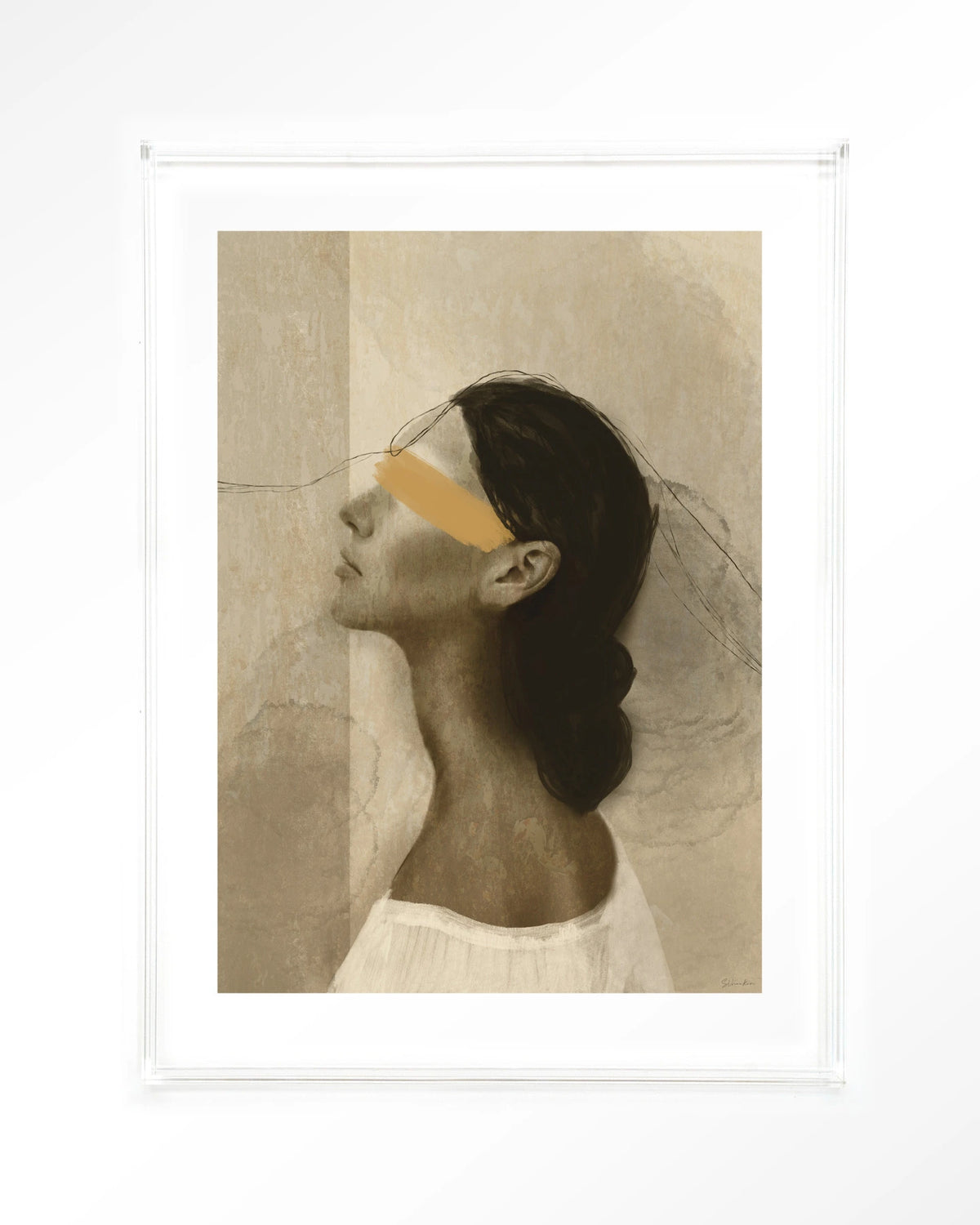 She Thinks Of You – profiel van vrouw met gele streep – Art print – Acryl doorzichtig