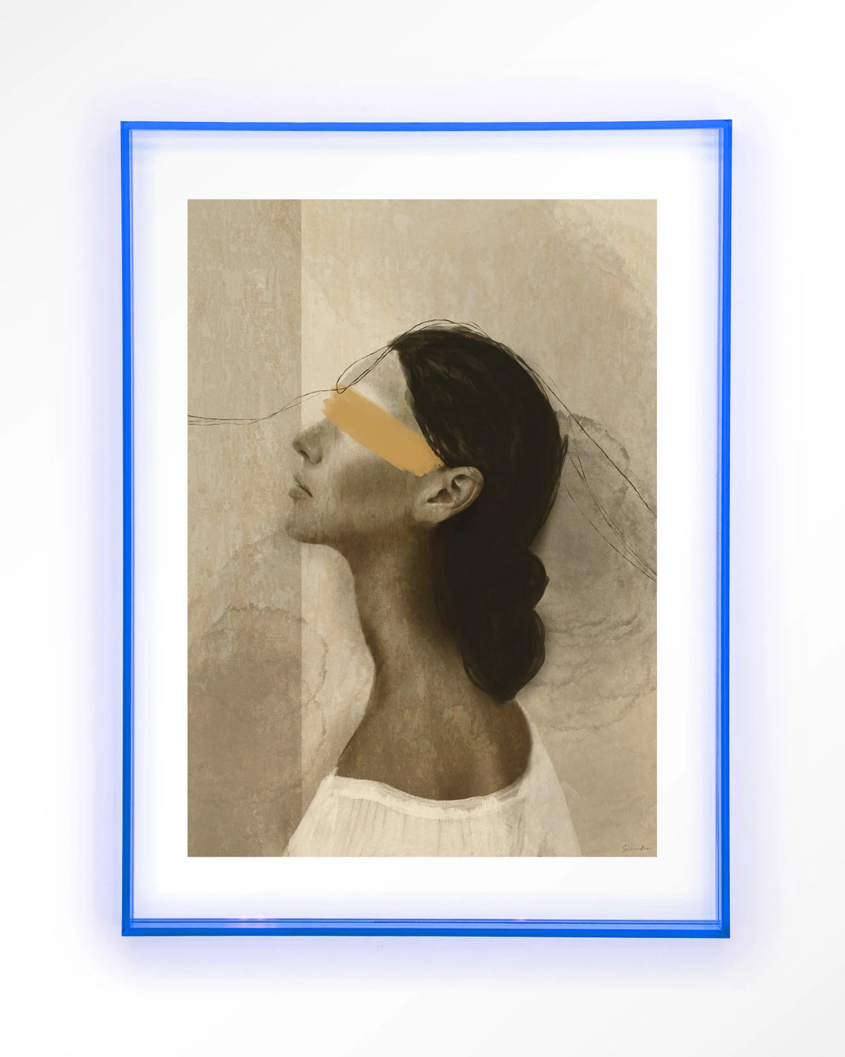 She Thinks Of You – profiel van vrouw met gele streep – Art print – Acryl lichtblauw