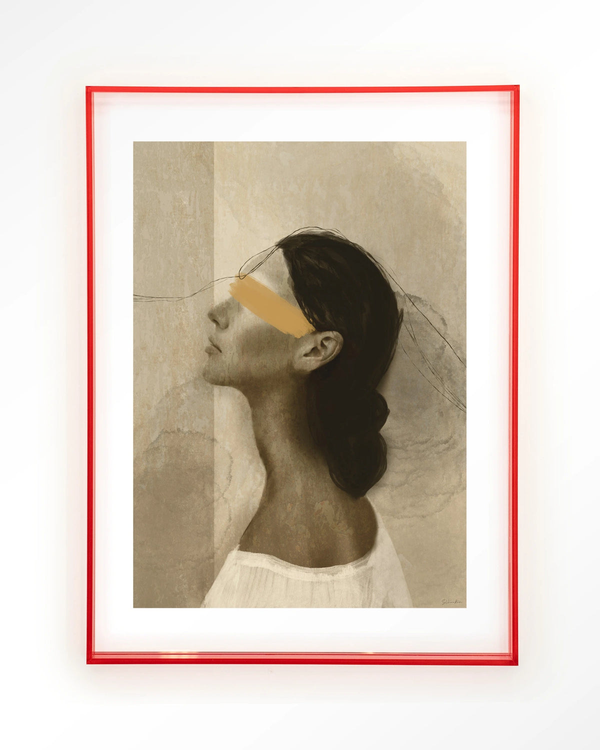 She Thinks Of You – profiel van vrouw met gele streep – Art print – Acryl roze