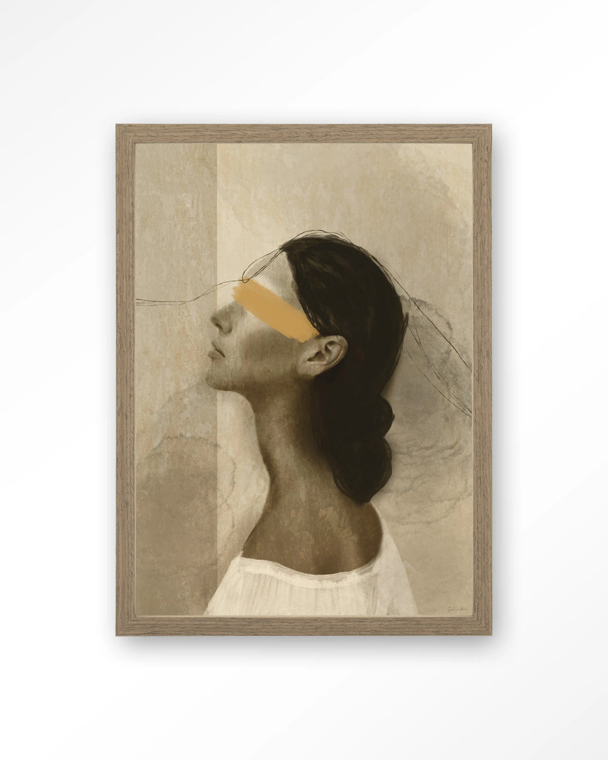 She Thinks Of You – profiel van vrouw met gele streep – Art print – Hout bruin