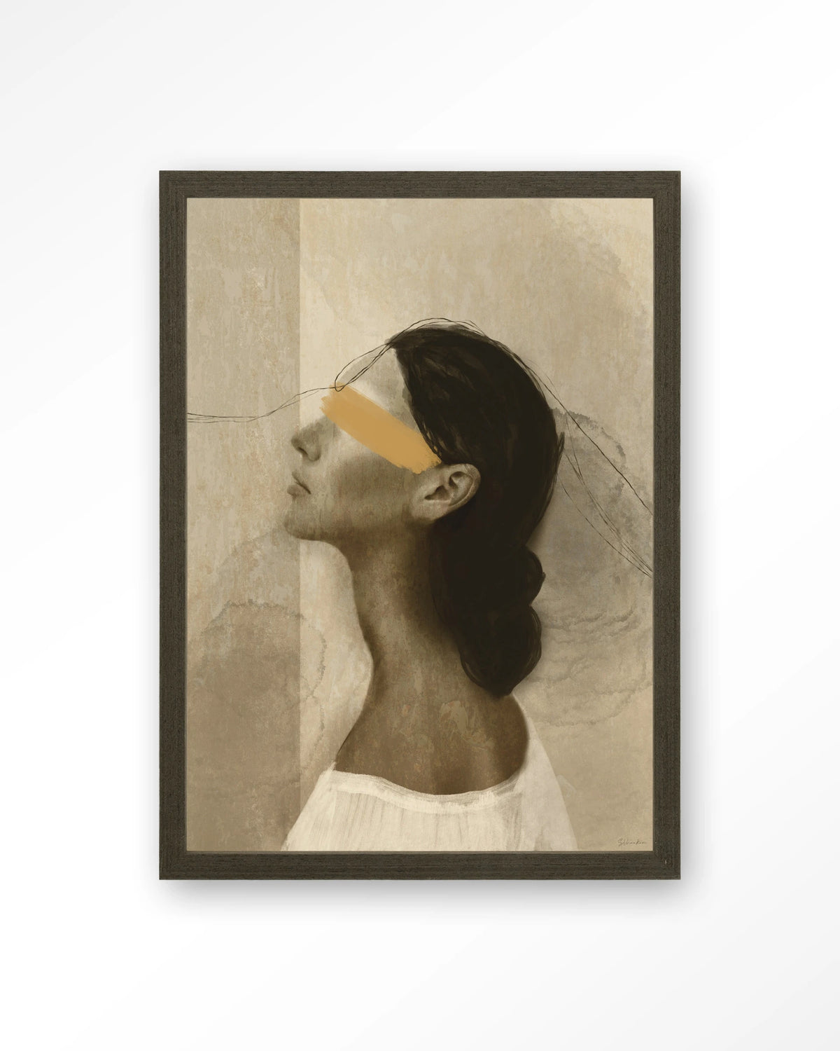 She Thinks Of You – profiel van vrouw met gele streep – Art print – Hout donkerbruin