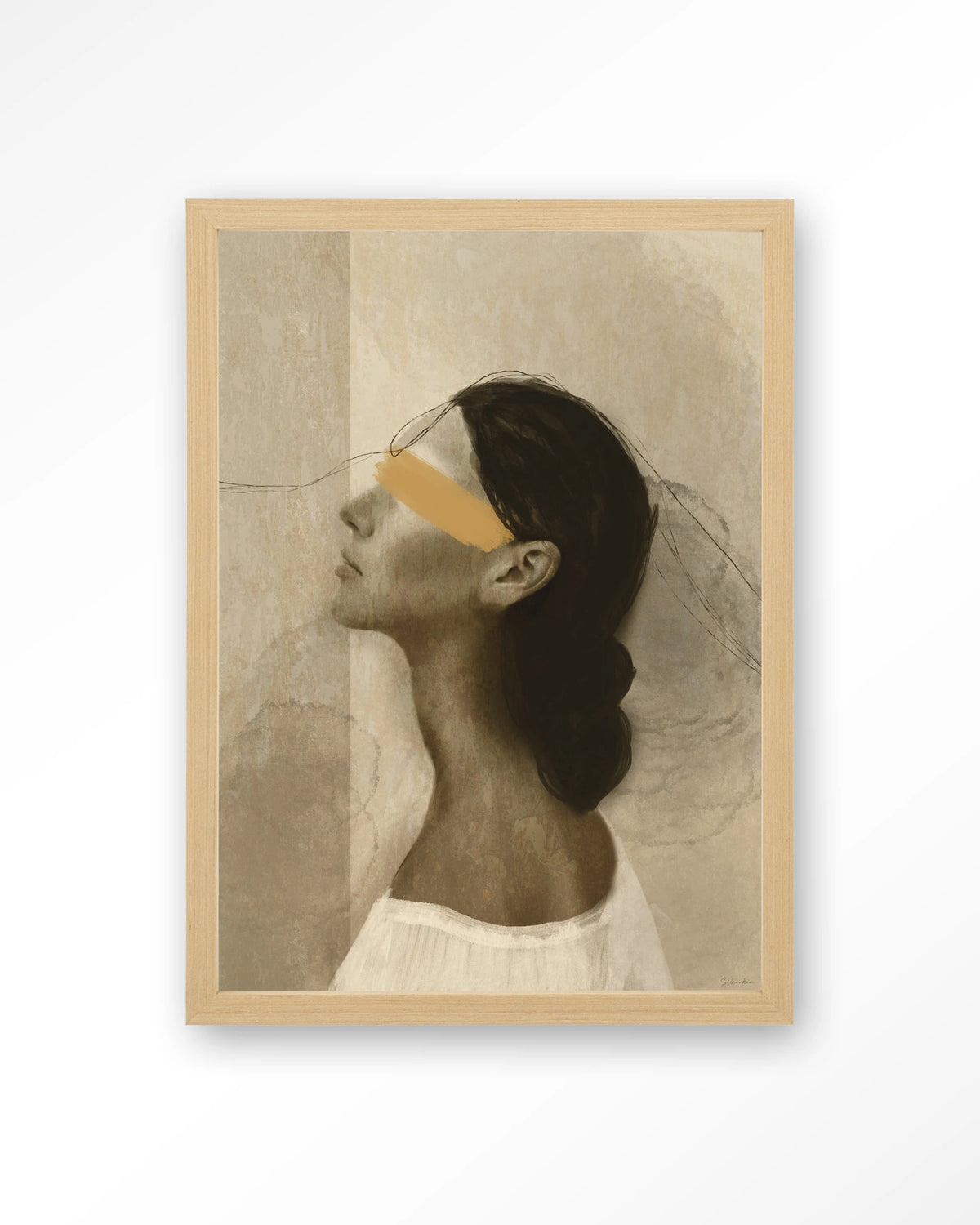 She Thinks Of You – profiel van vrouw met gele streep – Art print – Hout naturel