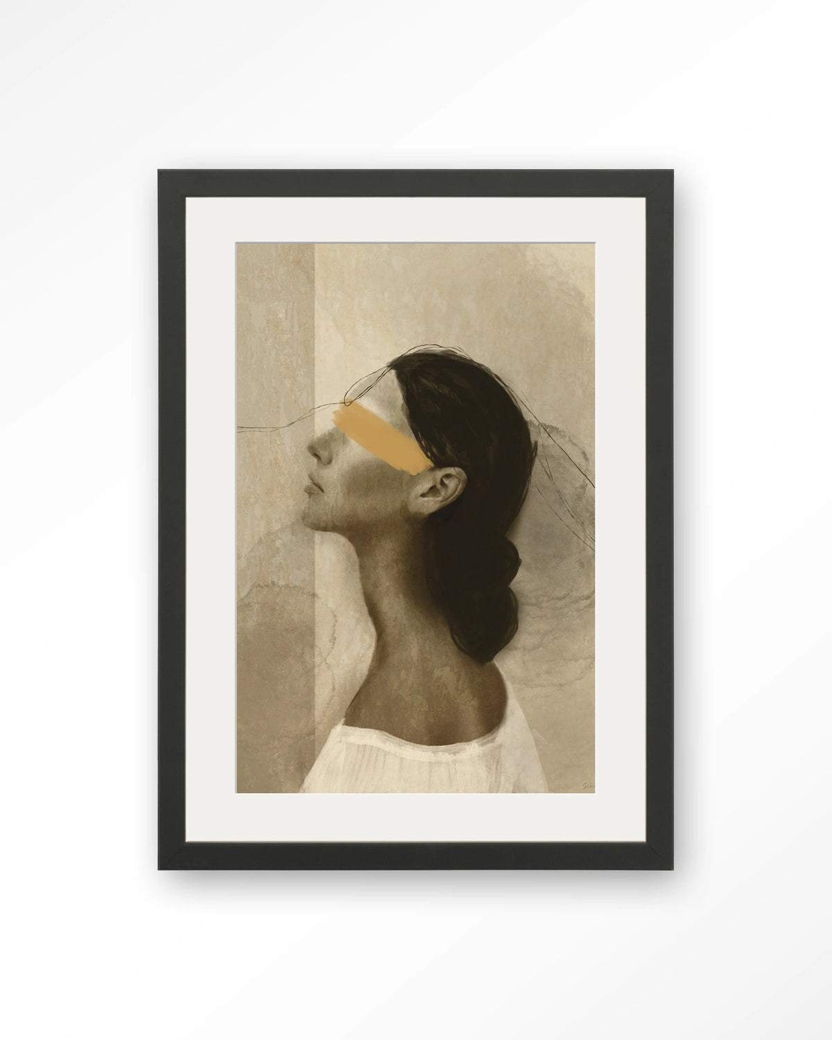 She Thinks Of You – profiel van vrouw met gele streep – Art print – Hout zwart + passe-partout