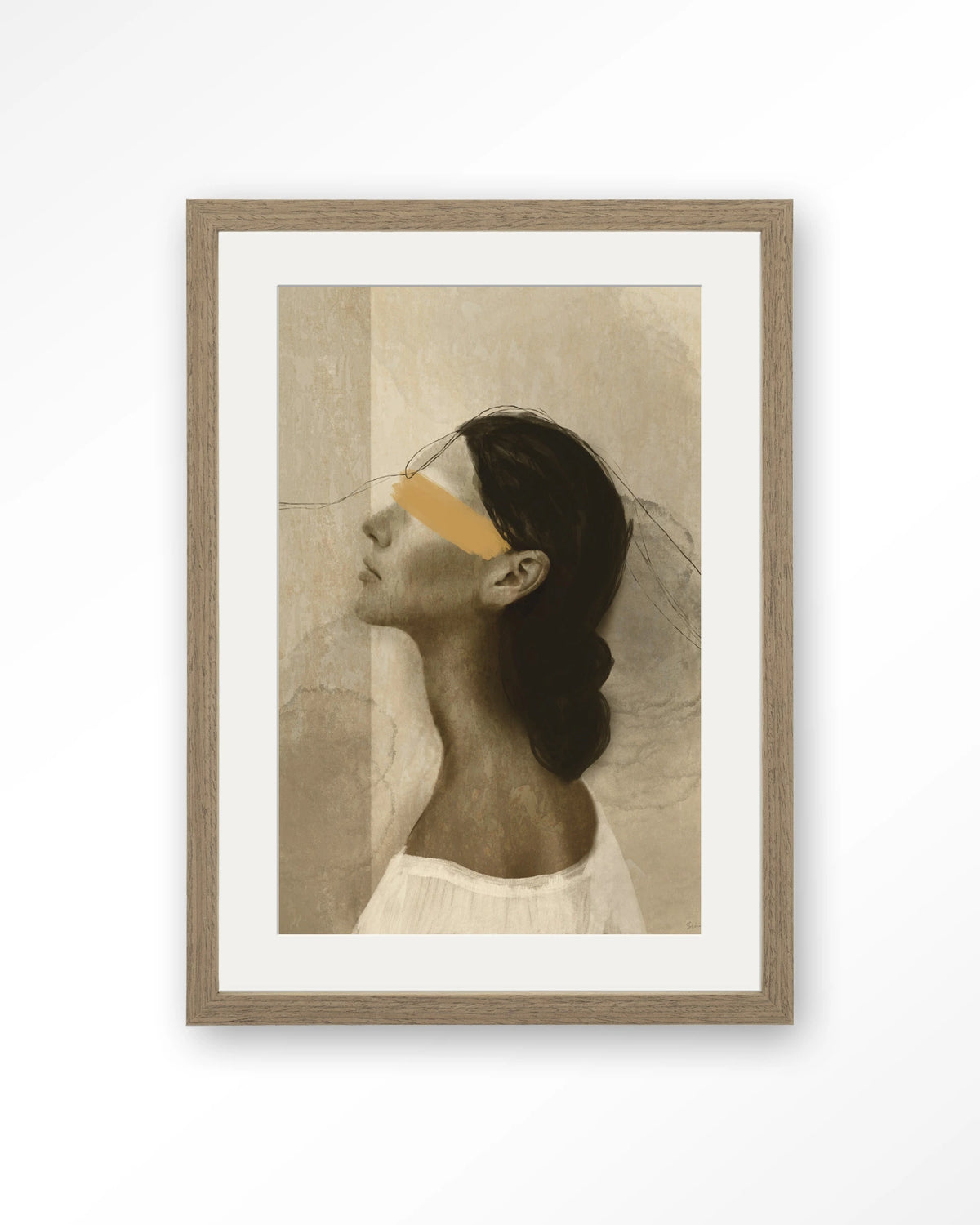 She Thinks Of You – profiel van vrouw met gele streep – Art print – Hout bruin + passe-partout