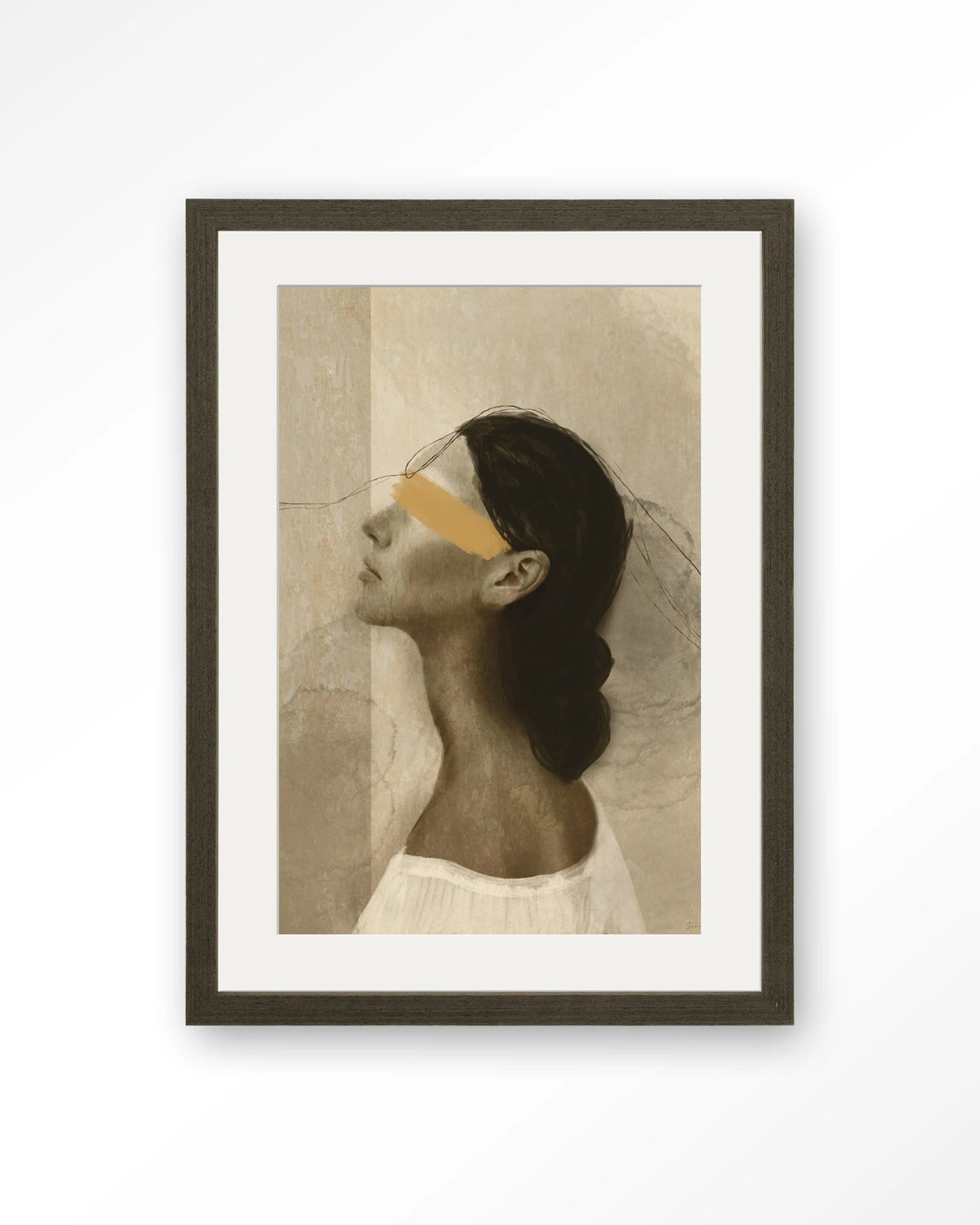 She Thinks Of You – profiel van vrouw met gele streep – Art print – Hout donkerbruin + passe-partout