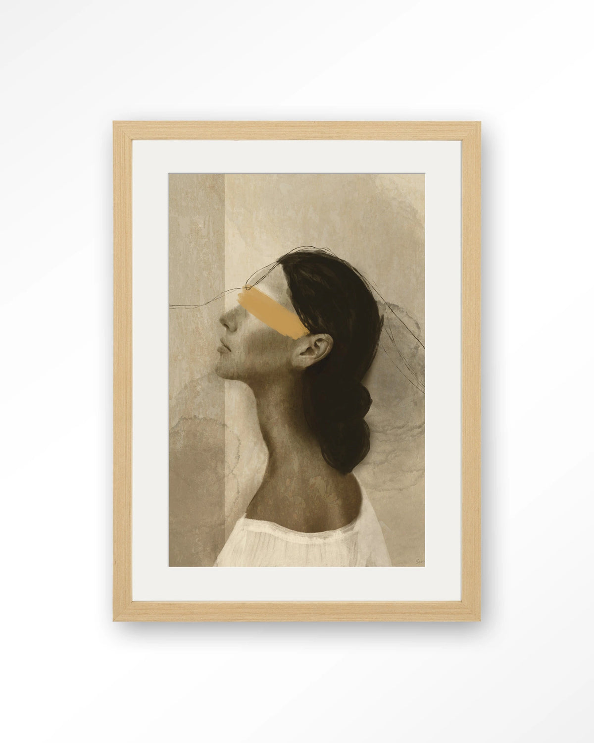 She Thinks Of You – profiel van vrouw met gele streep – Art print – Hout naturel + passe-partout