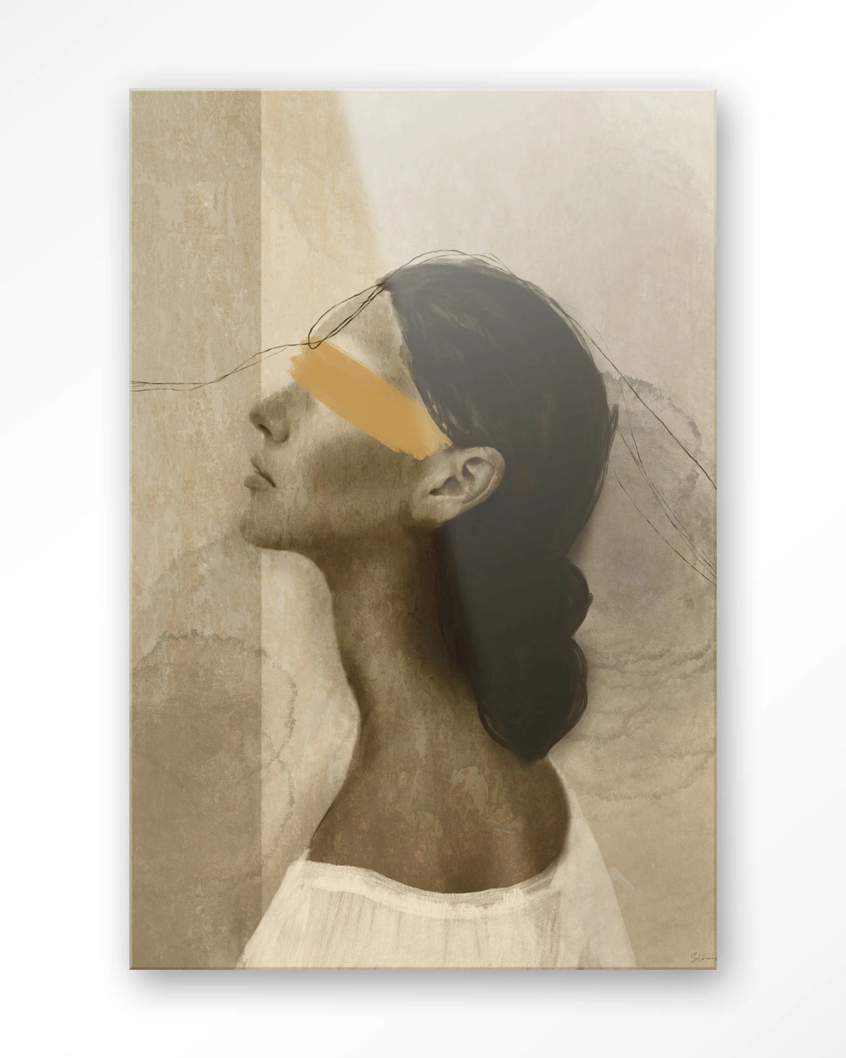 She Thinks Of You – profiel van vrouw met gele streep – Glas – Blinde montage